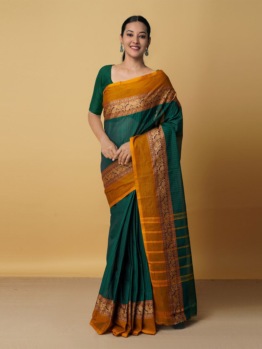 Unnati Silks Women Green & Yellow Woven Design Zari Pure Cotton Chettinad Saree Price in India