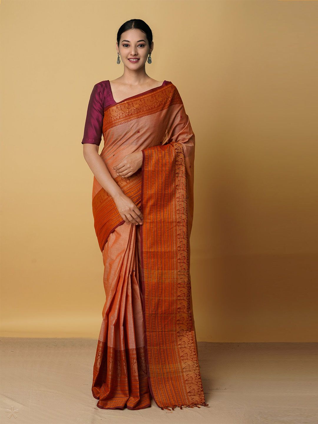 Unnati Silks Women Orange & Maroon Woven Design Pure Cotton Chettinad Saree Price in India