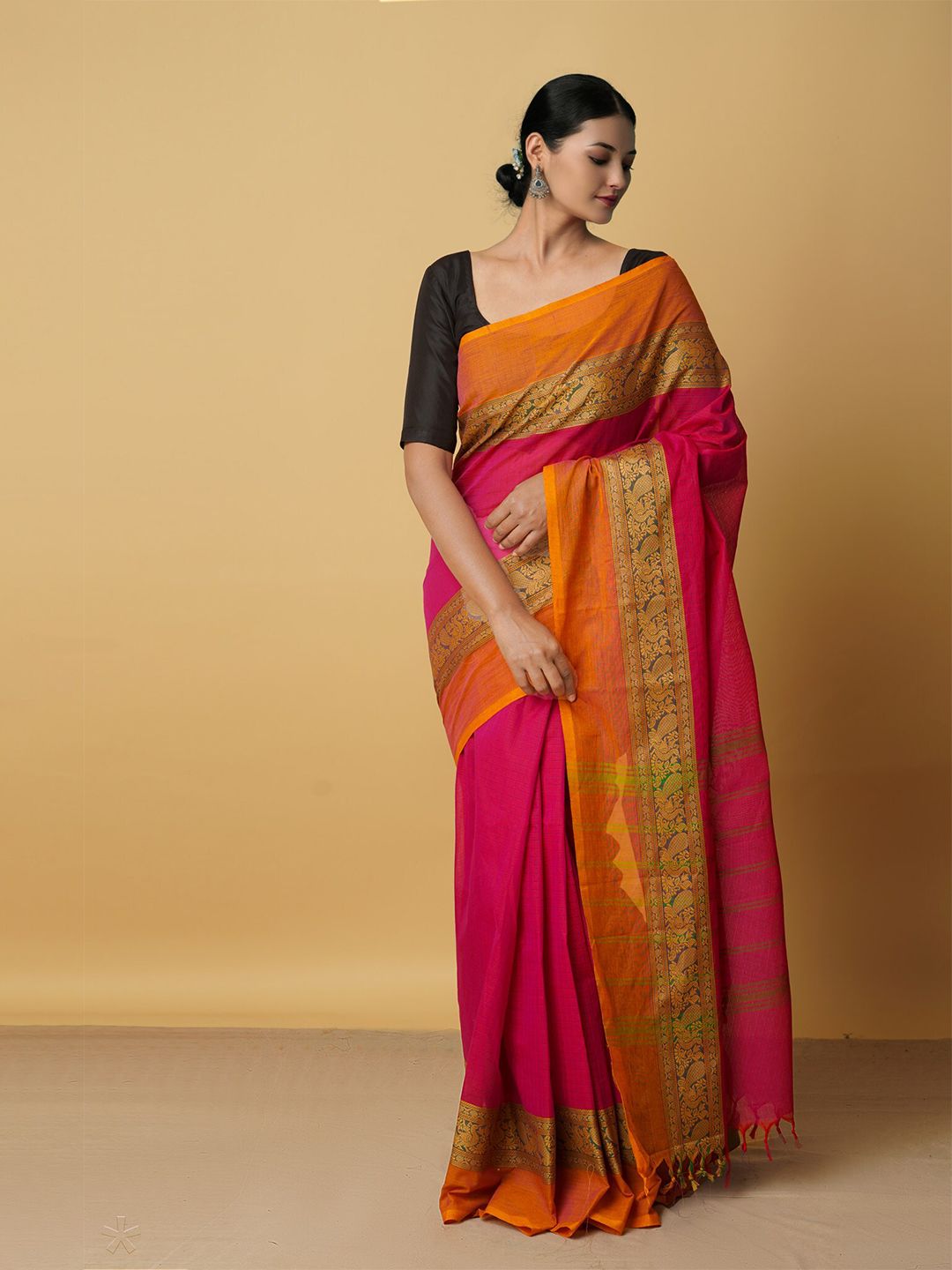 Unnati Silks Pink & Yellow Woven Design Pure Cotton Chettinad Saree Price in India