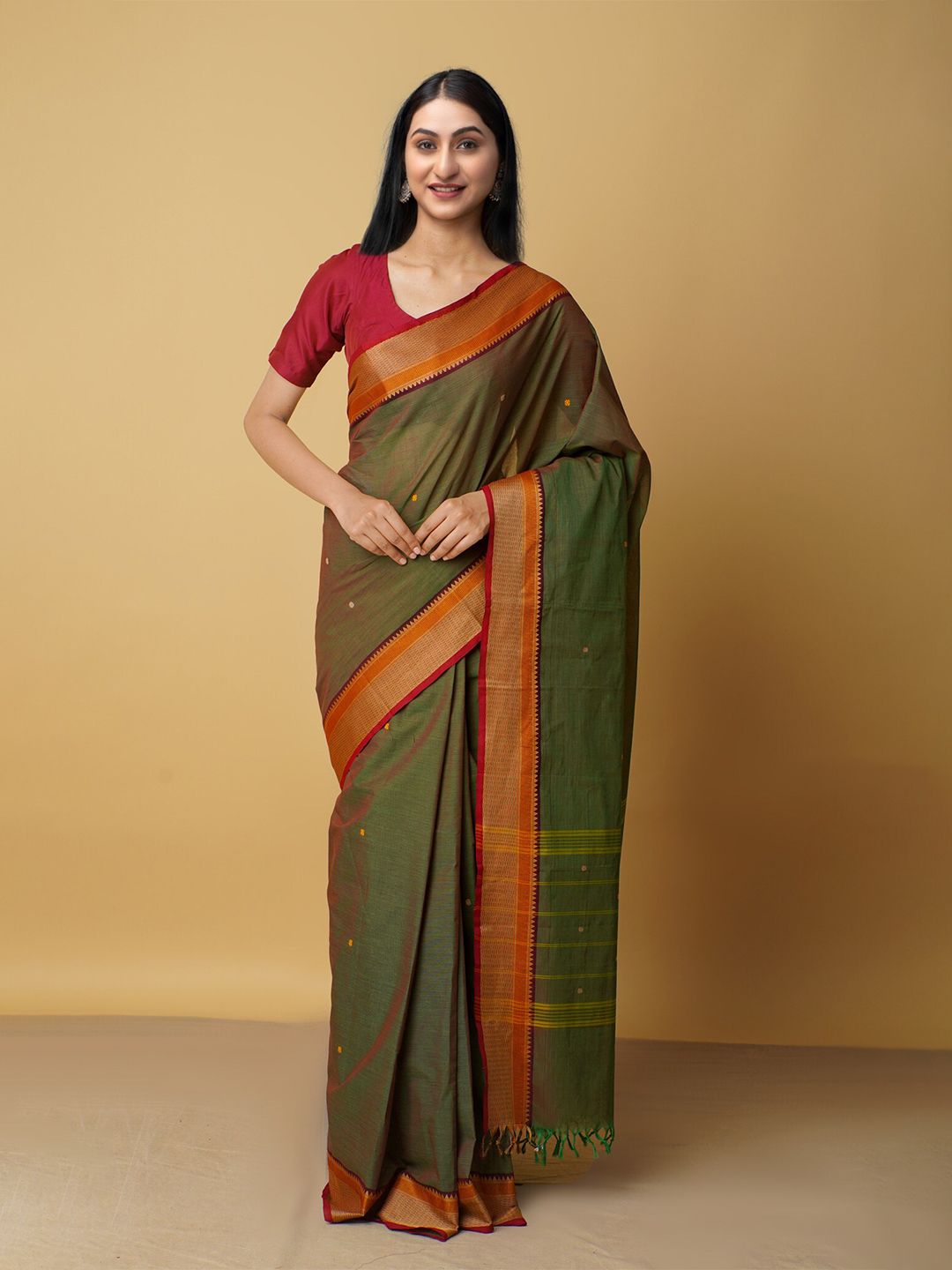 Unnati Silks Women Green & Orange Pure Cotton Chettinad Saree Price in India
