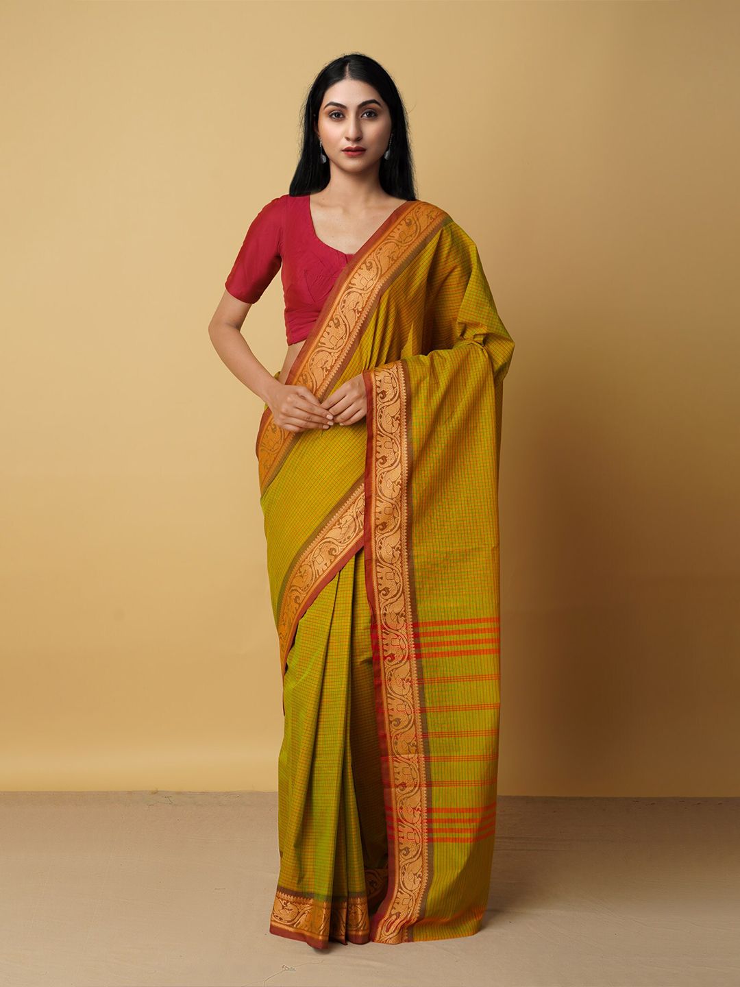 Unnati Silks Green & Gold-Toned Woven Design Zari Pure Cotton Chettinad Saree Price in India
