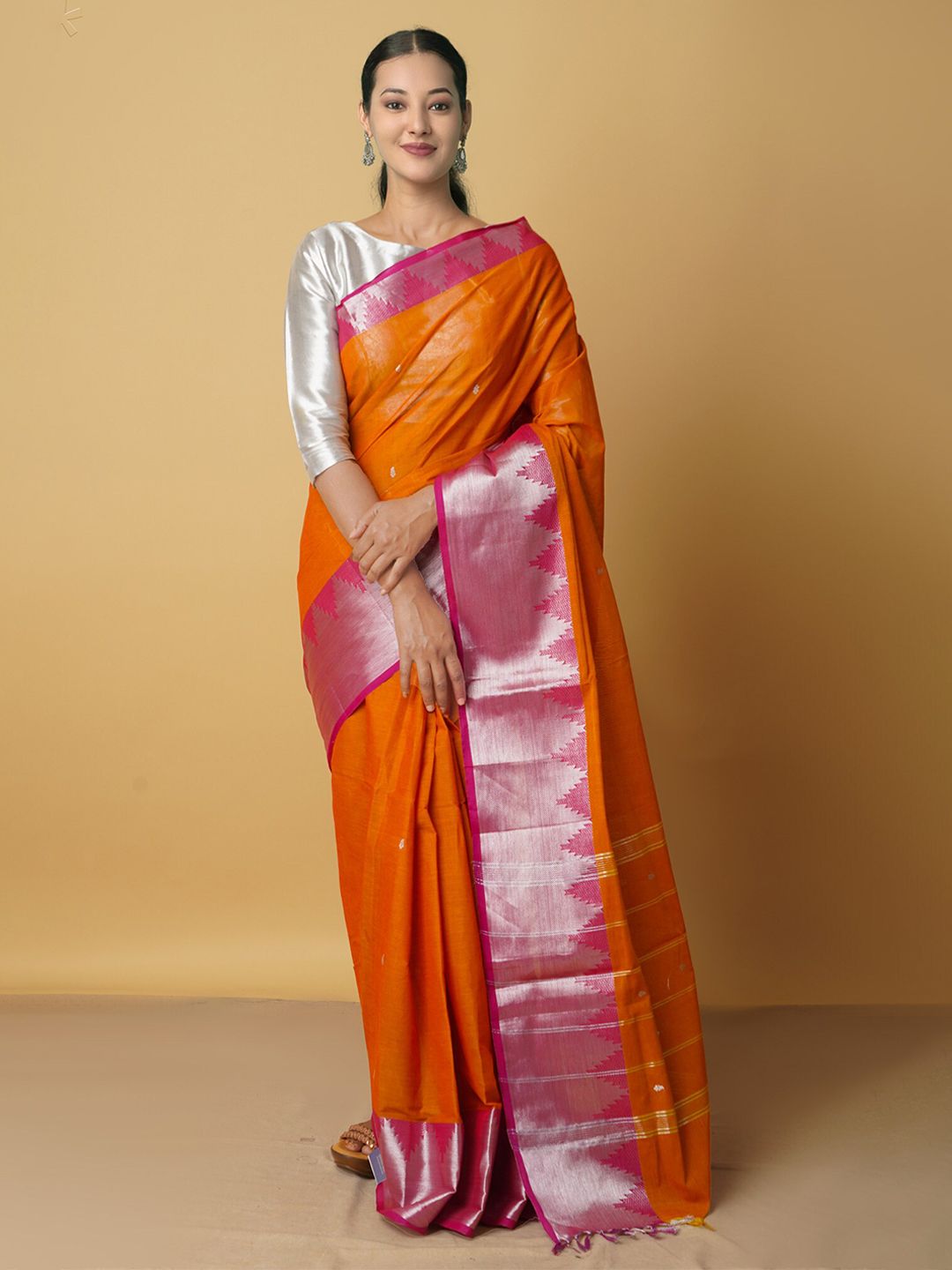 Unnati Silks Orange & Pink Woven Design Pure Cotton Chettinad Saree Price in India