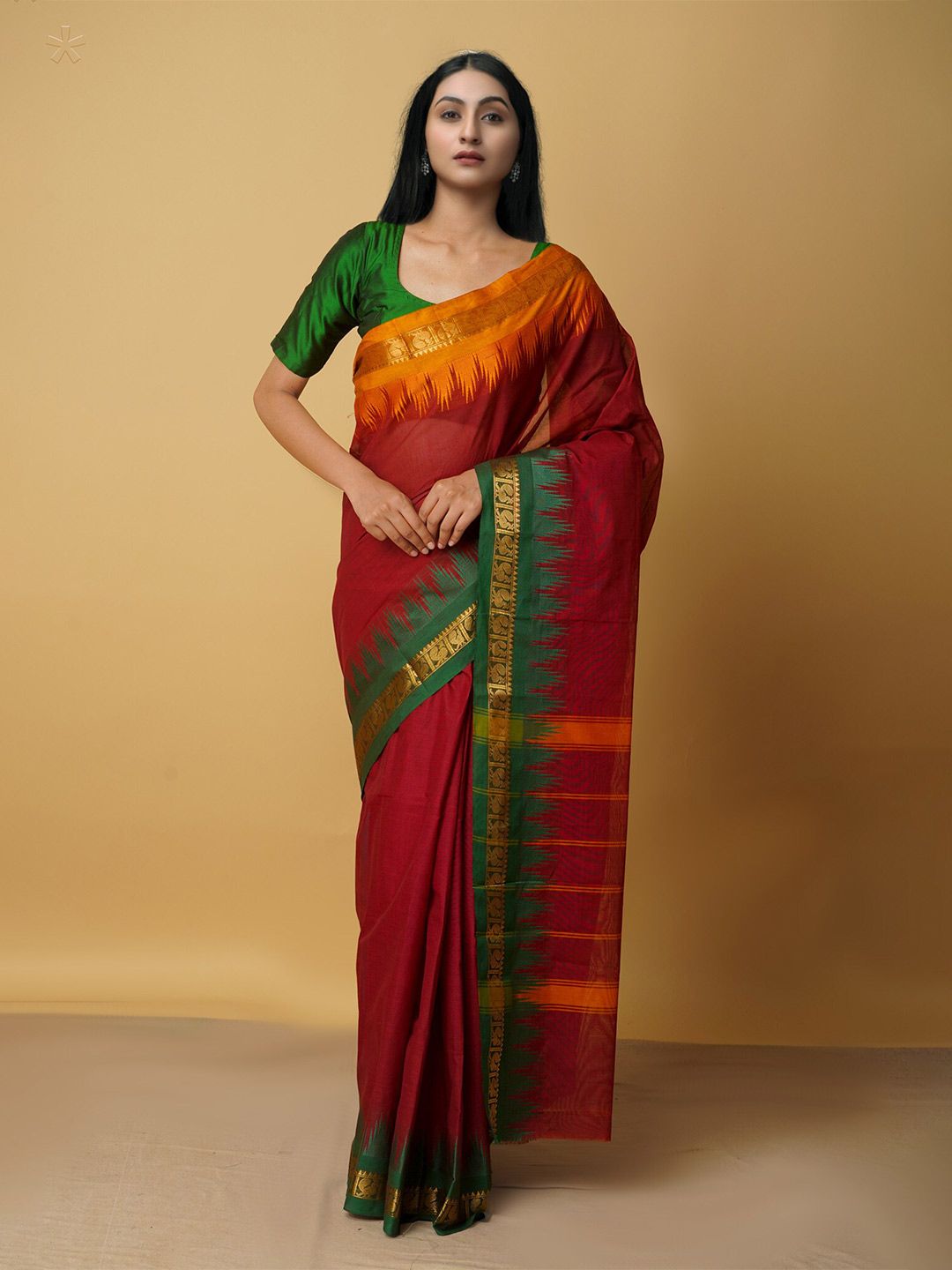 Unnati Silks Women Maroon & Green Woven Design Zari Pure Cotton Saree Price in India