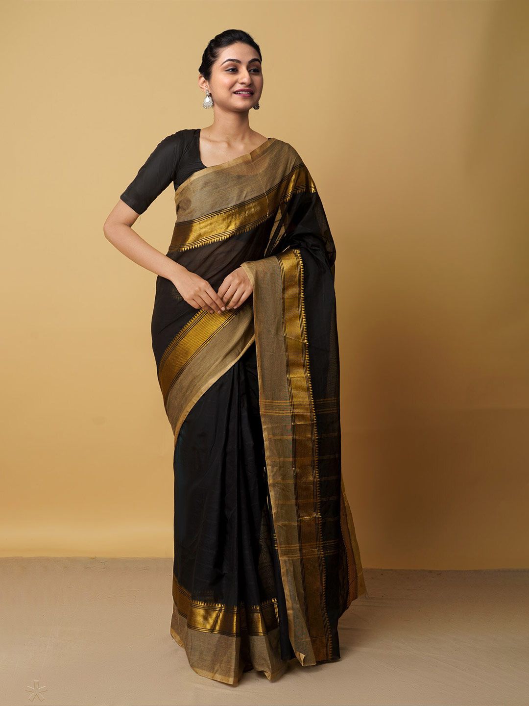Unnati Silks Black & Gold-Toned Pure Cotton Chettinad Saree Price in India