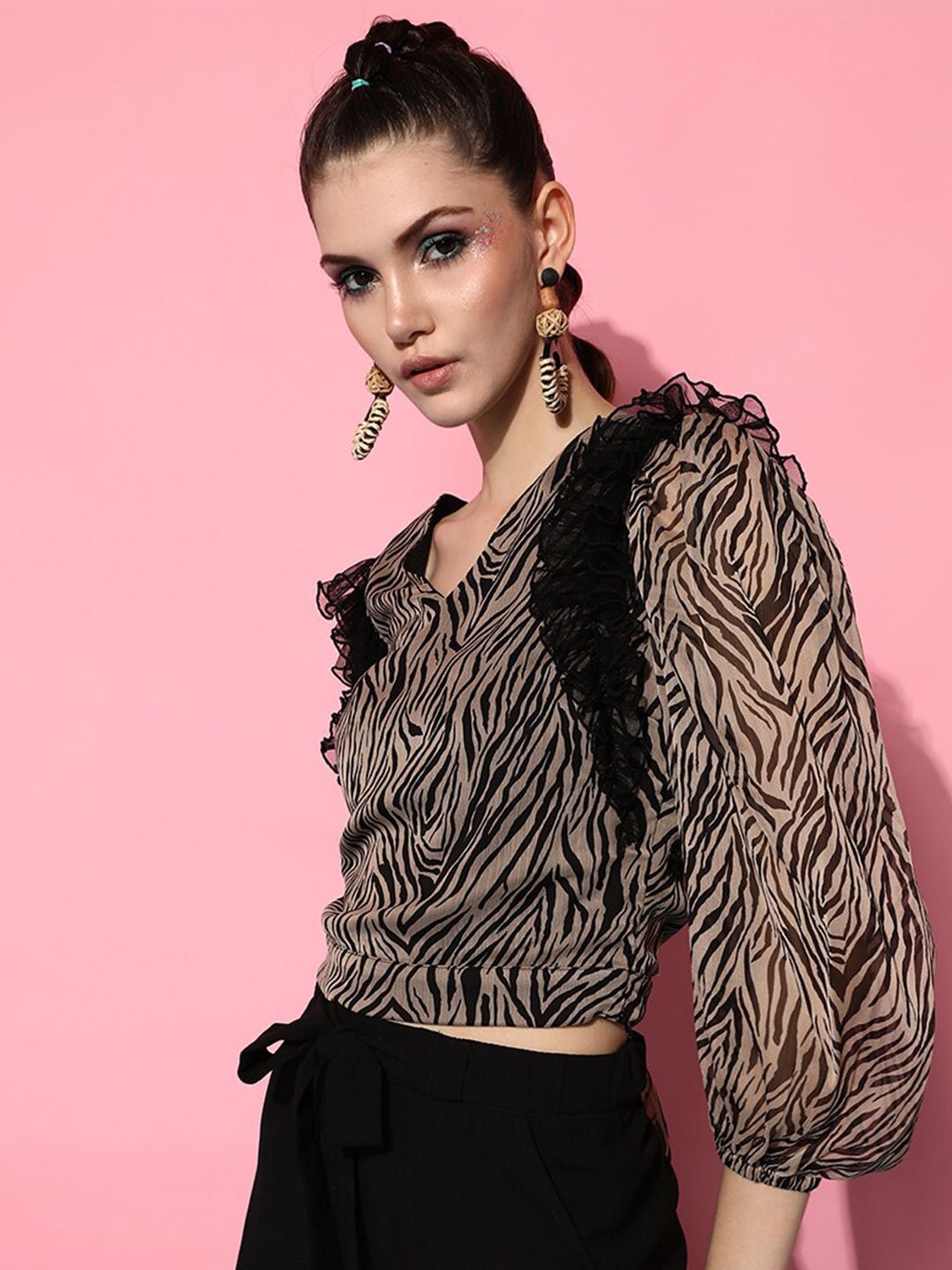 STREET 9 Brown Animal Print Chiffon Styled Back Top Price in India