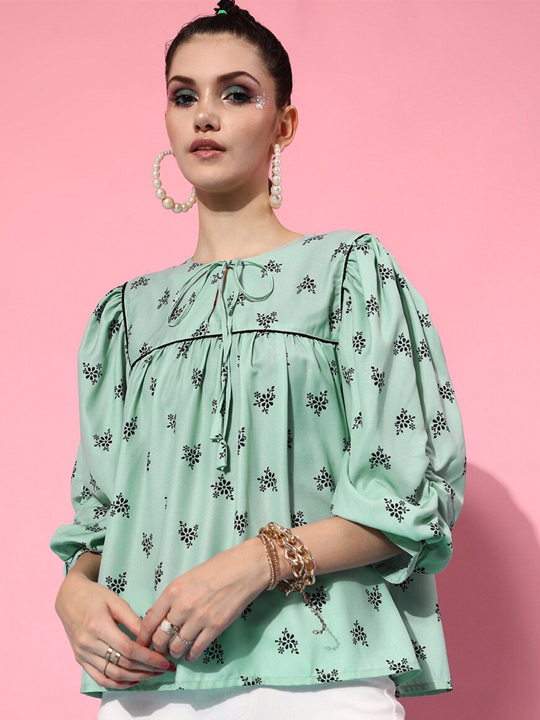 STREET 9 Green Floral Print Crepe Top Price in India