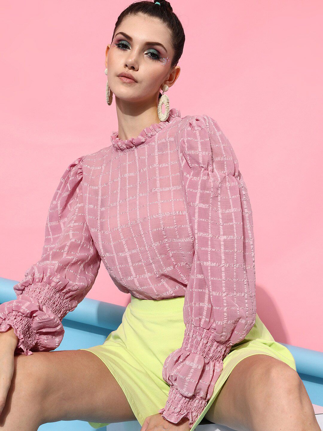 STREET 9 Pink Checked Georgette Blouson Top Price in India