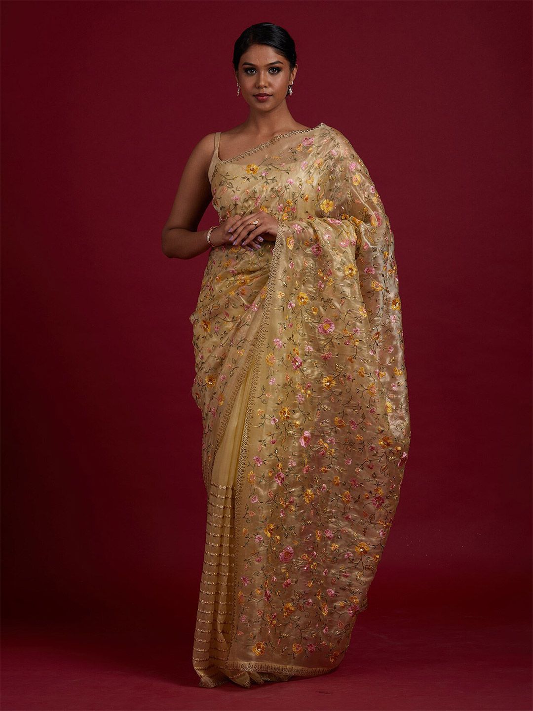 Koskii Yellow Floral Embroidered Tissue Saree Price in India