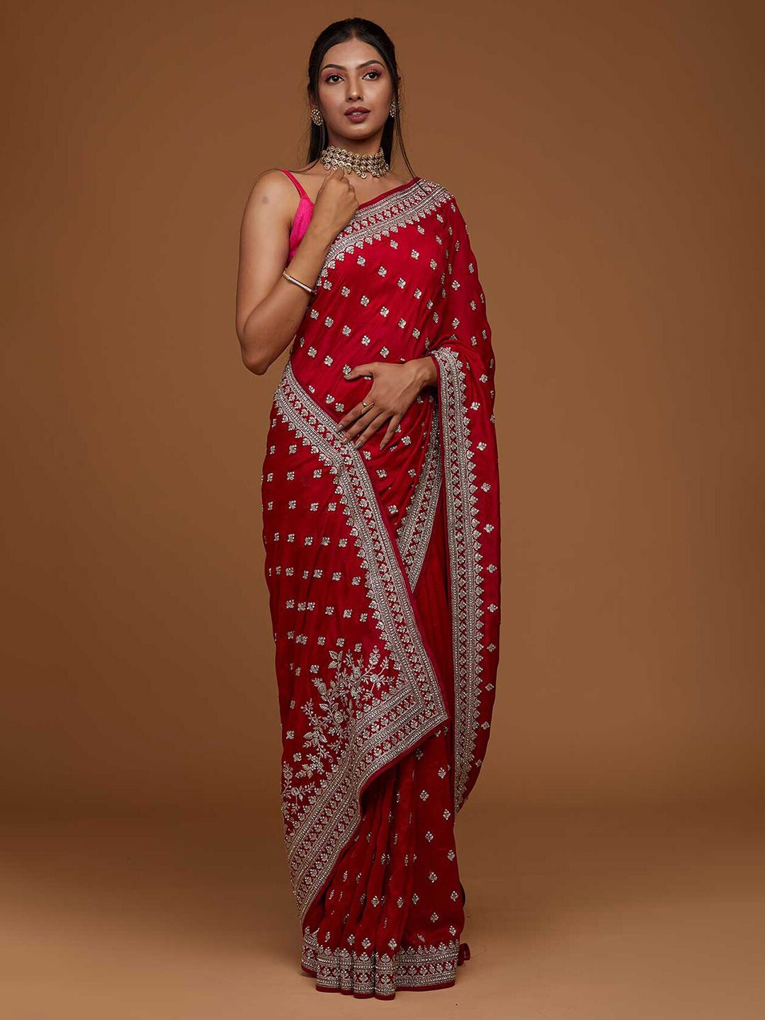 Koskii Red & Silver-Toned Ethnic Motifs Beads and Stones Art Silk Saree Price in India