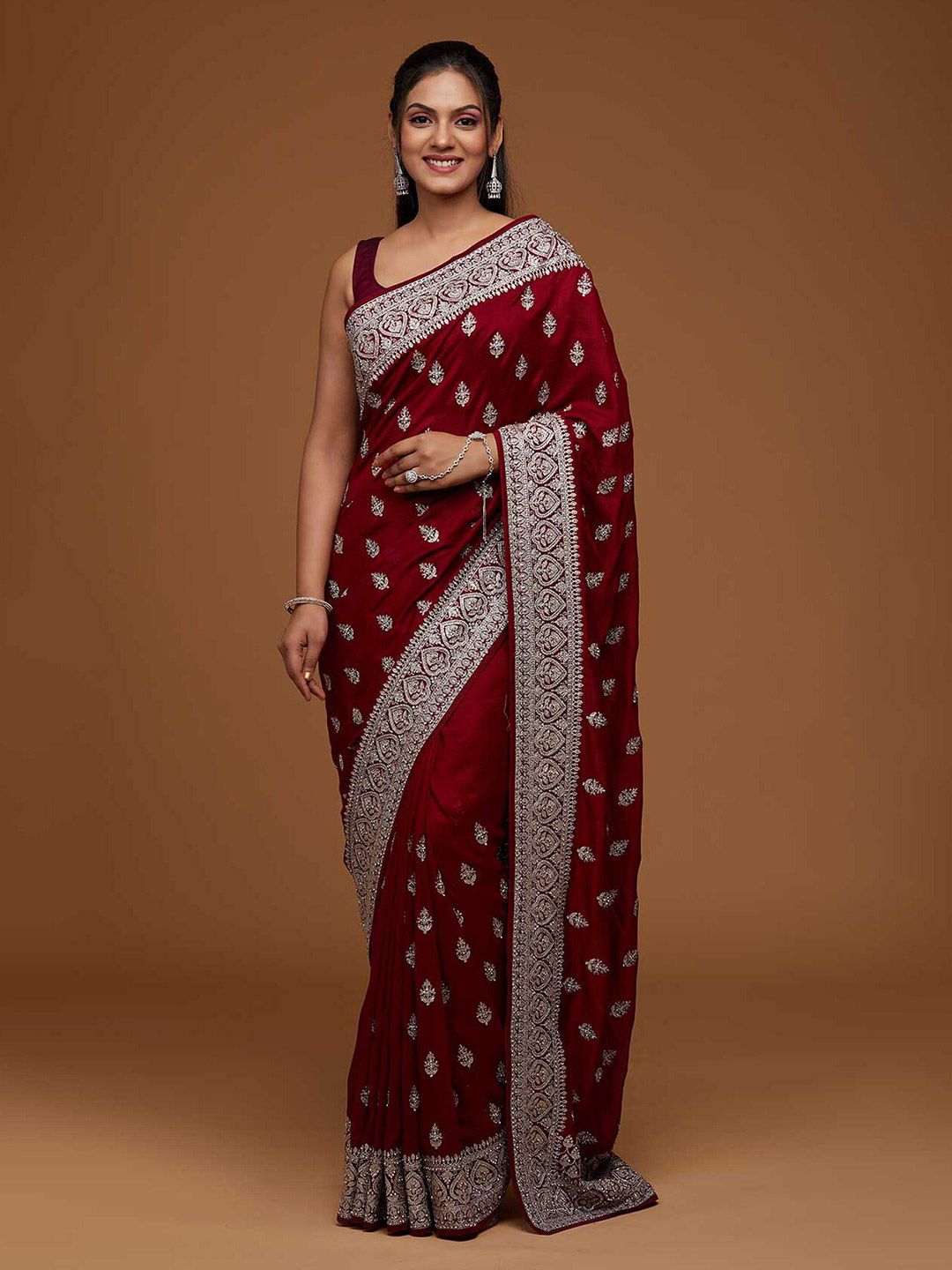 Koskii Maroon & Gold-Toned Floral Embroidered Art Silk Saree Price in India