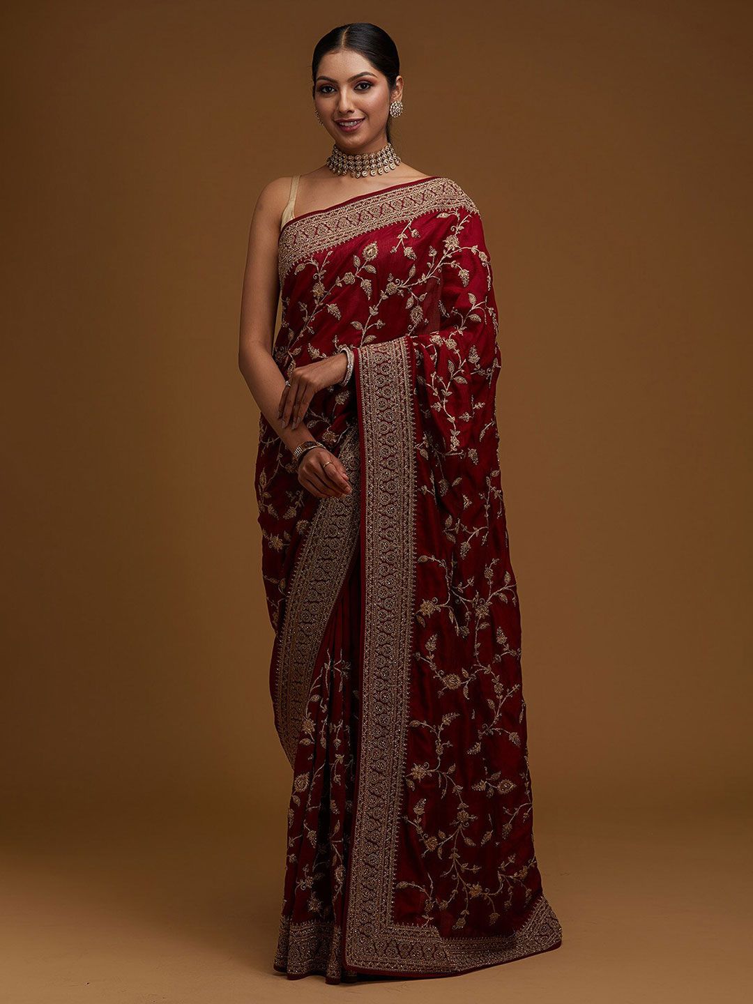 Koskii Maroon Floral Embroidered Art Silk Heavy Work Saree Price in India