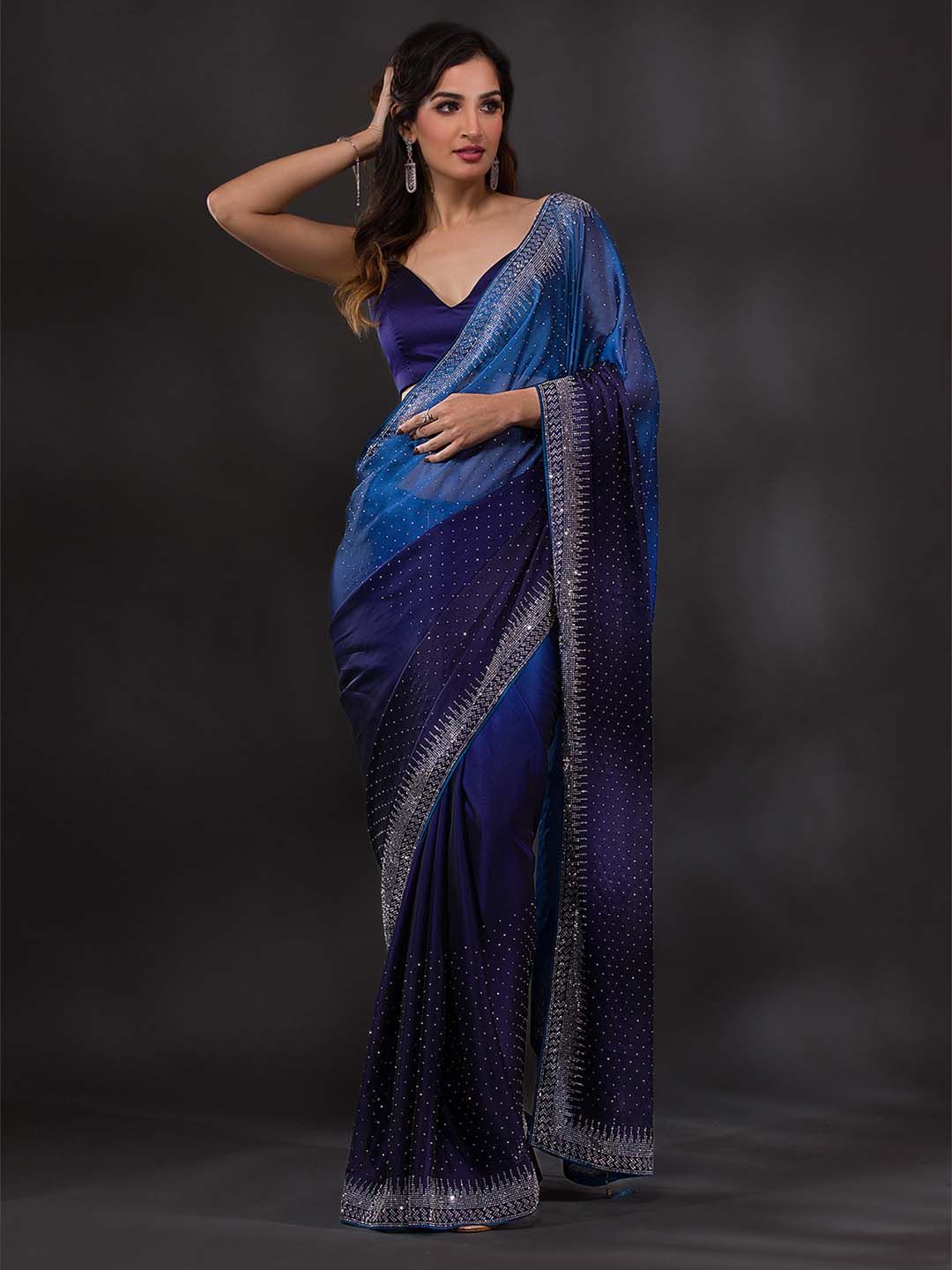 Koskii Navy Blue & Silver-Toned Embellished Embroidered Saree Price in India