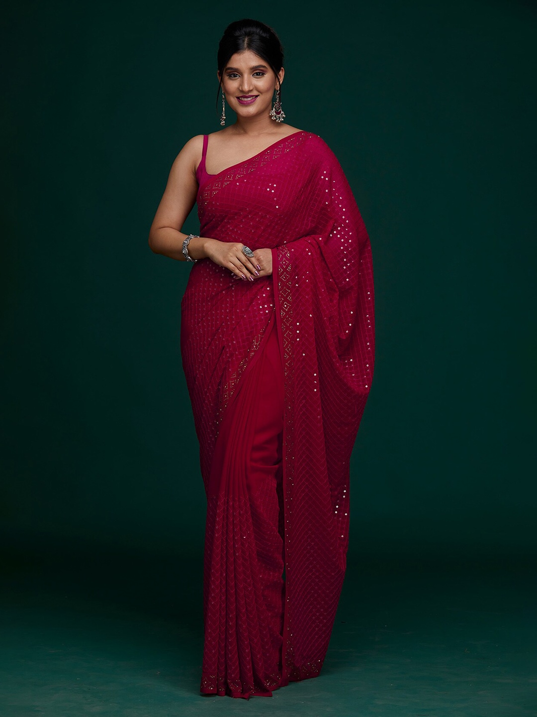 Koskii Red Embellished Sequinned Saree Price in India