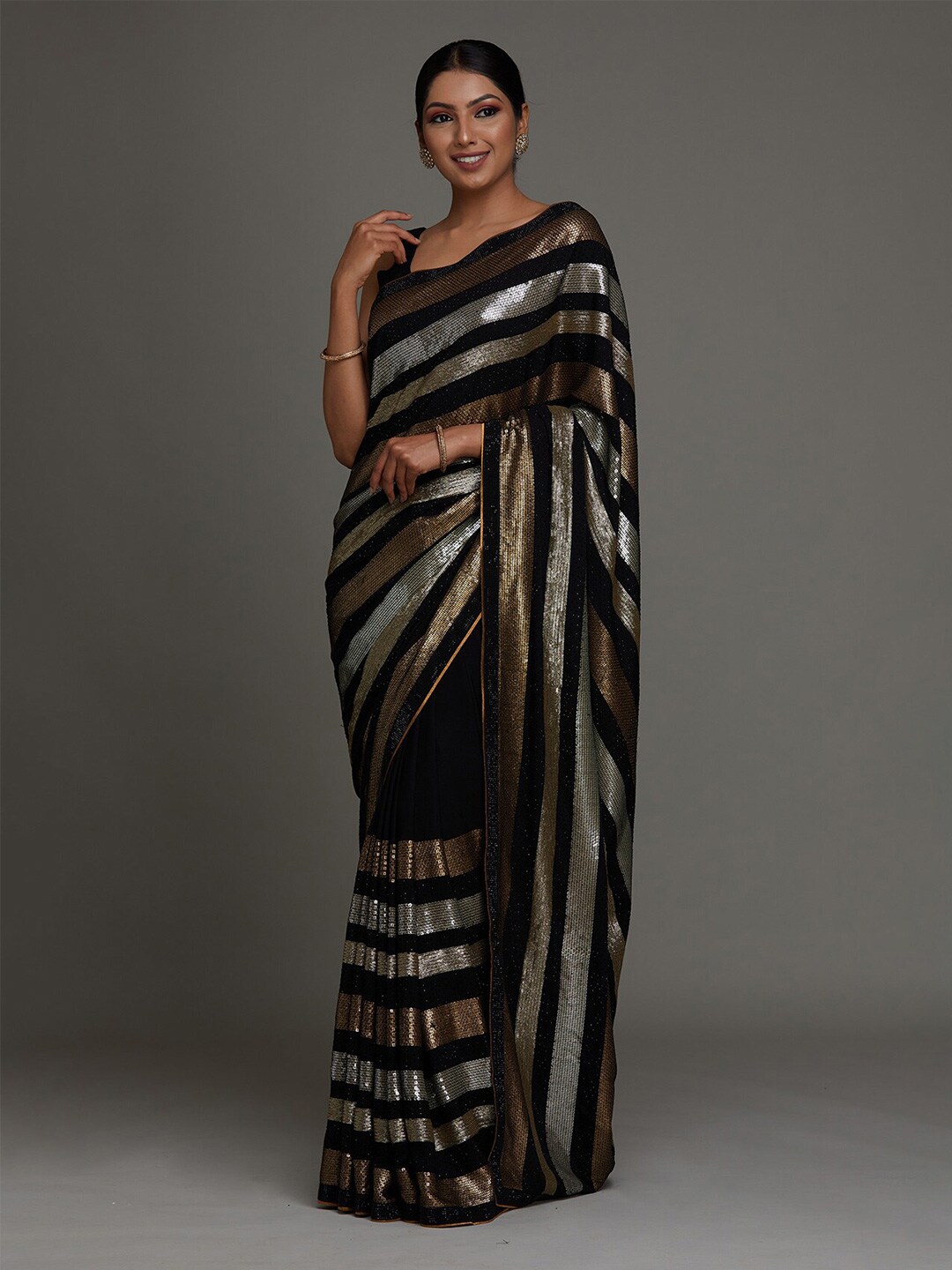 Koskii Black & Gold-Toned Embellished Sequinned Georgette Saree Price in India