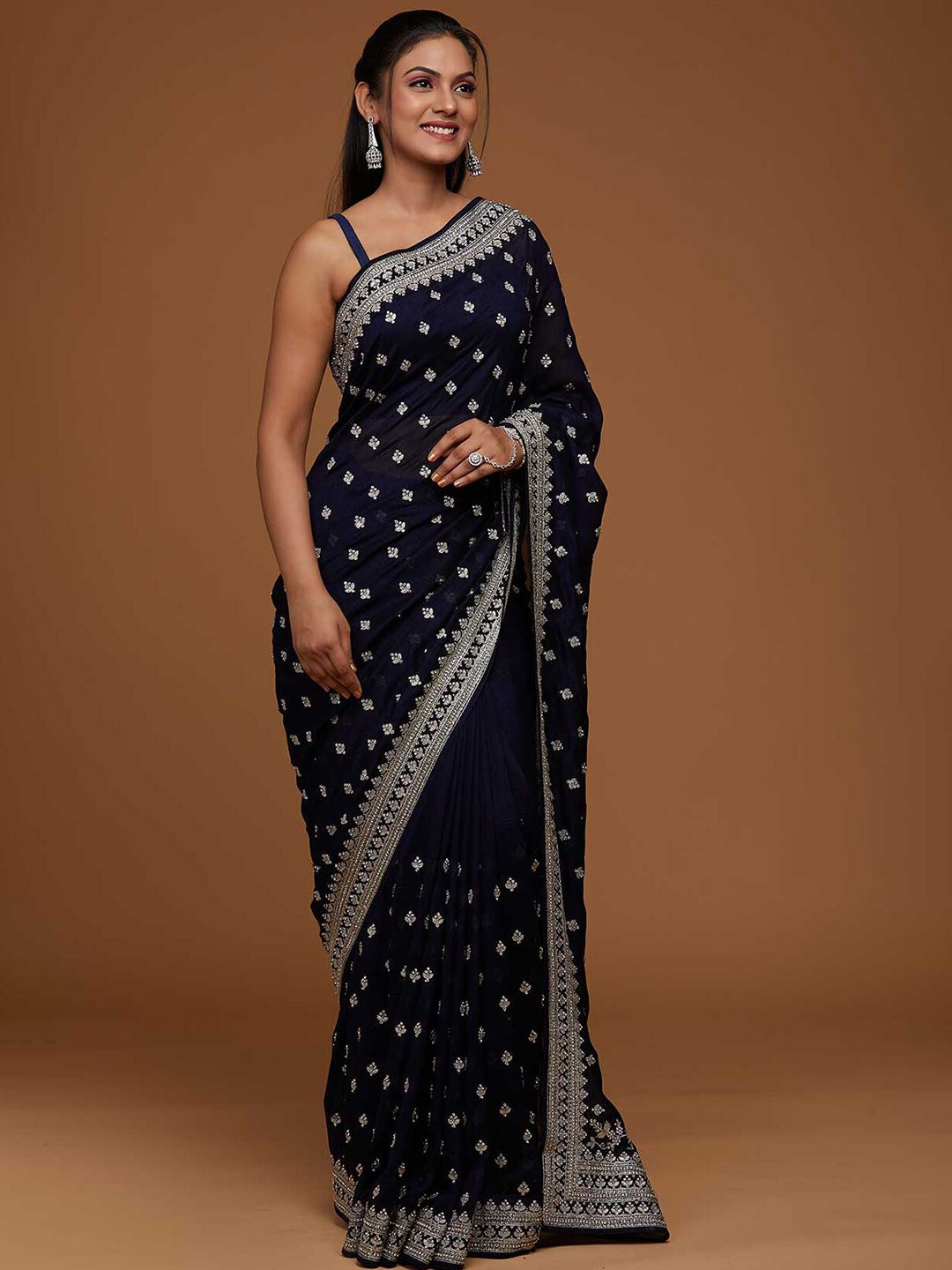 Koskii Women Navy Blue & Silver-Toned Floral Zari Art Silk Heavy Work Saree Price in India