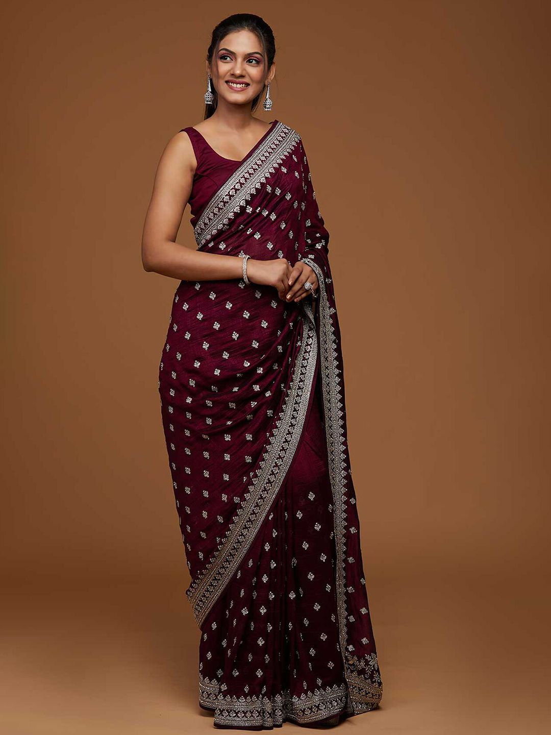 Koskii Maroon & Silver-Toned Floral Embroidered Art Silk Saree Price in India