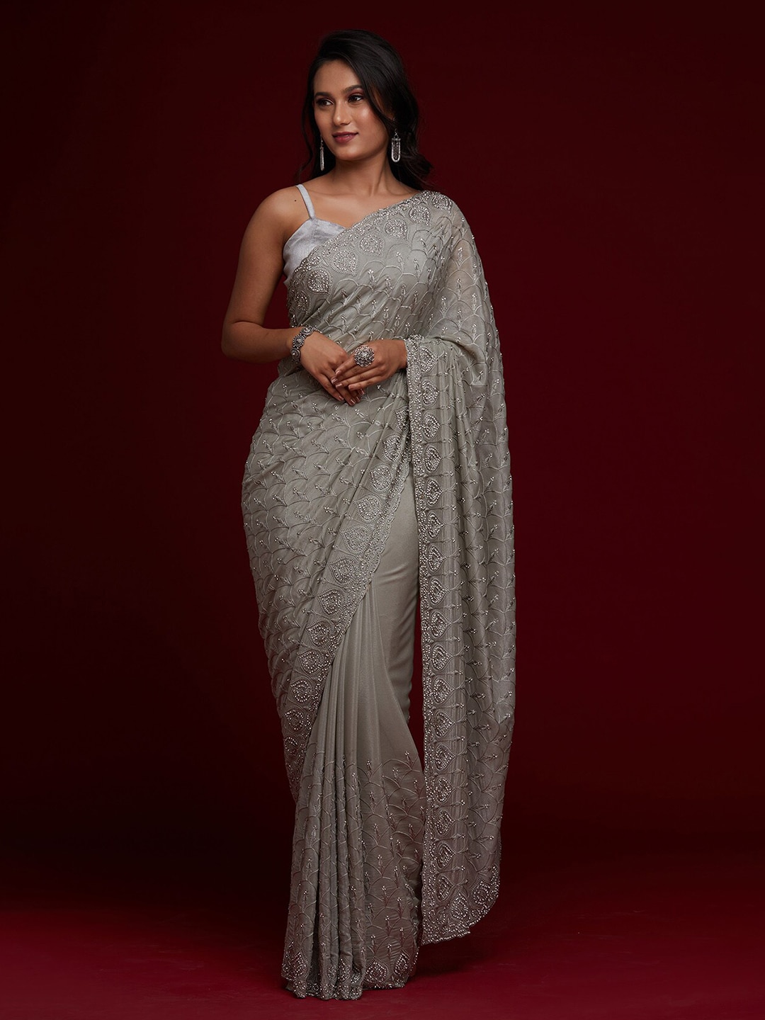 Koskii Grey Floral Embroidered Saree Price in India