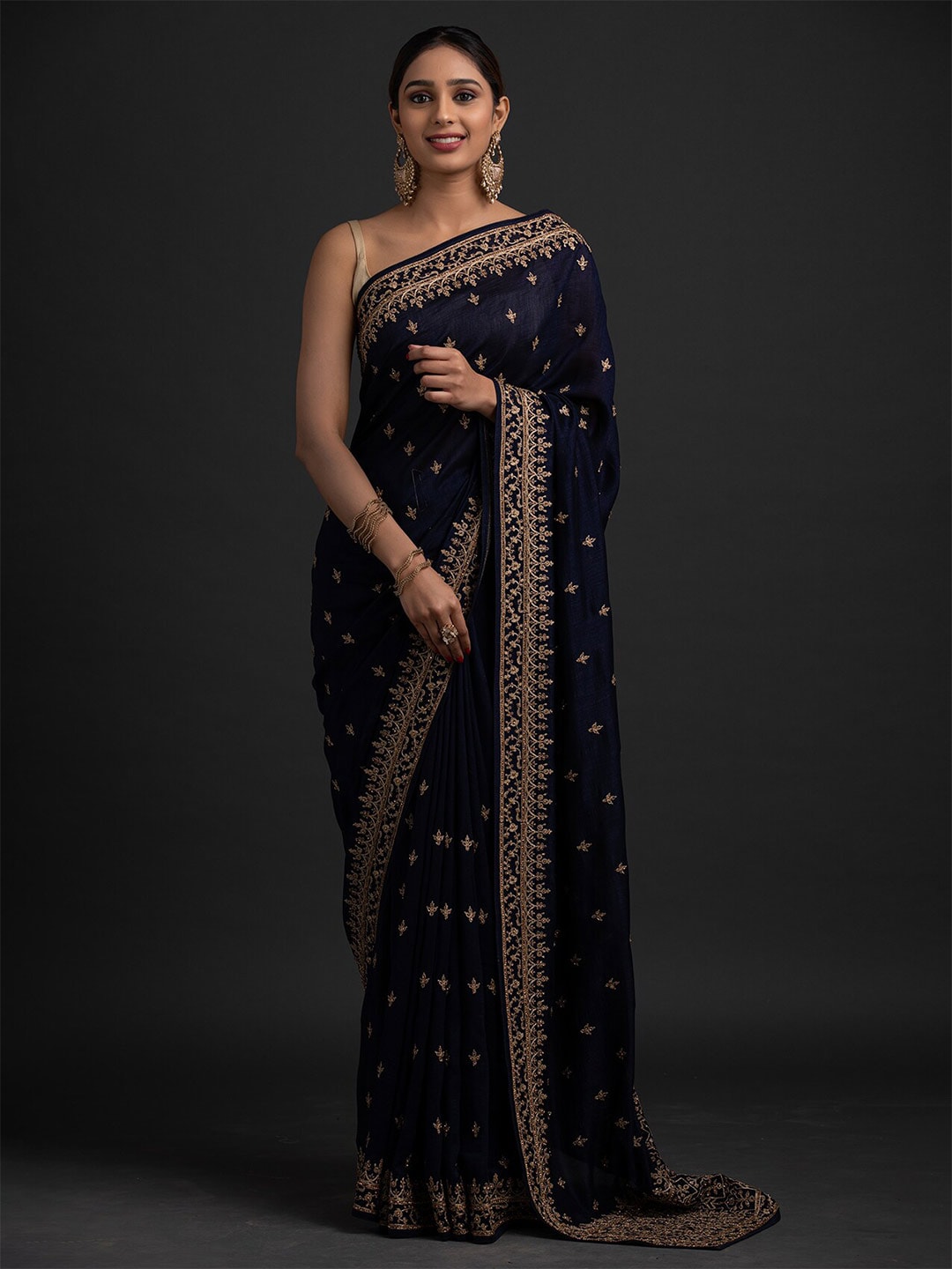 Koskii Women Navy Blue & Gold-Toned Woven Design Zari Art Silk Saree Price in India