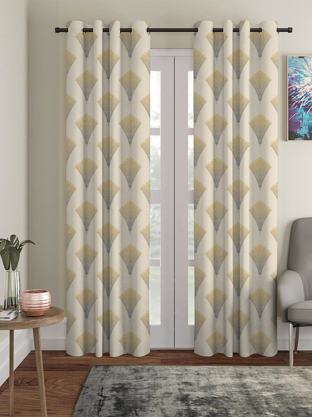 HOUZZCODE Grey & Mustard Geometric Sheer Door Curtain Price in India