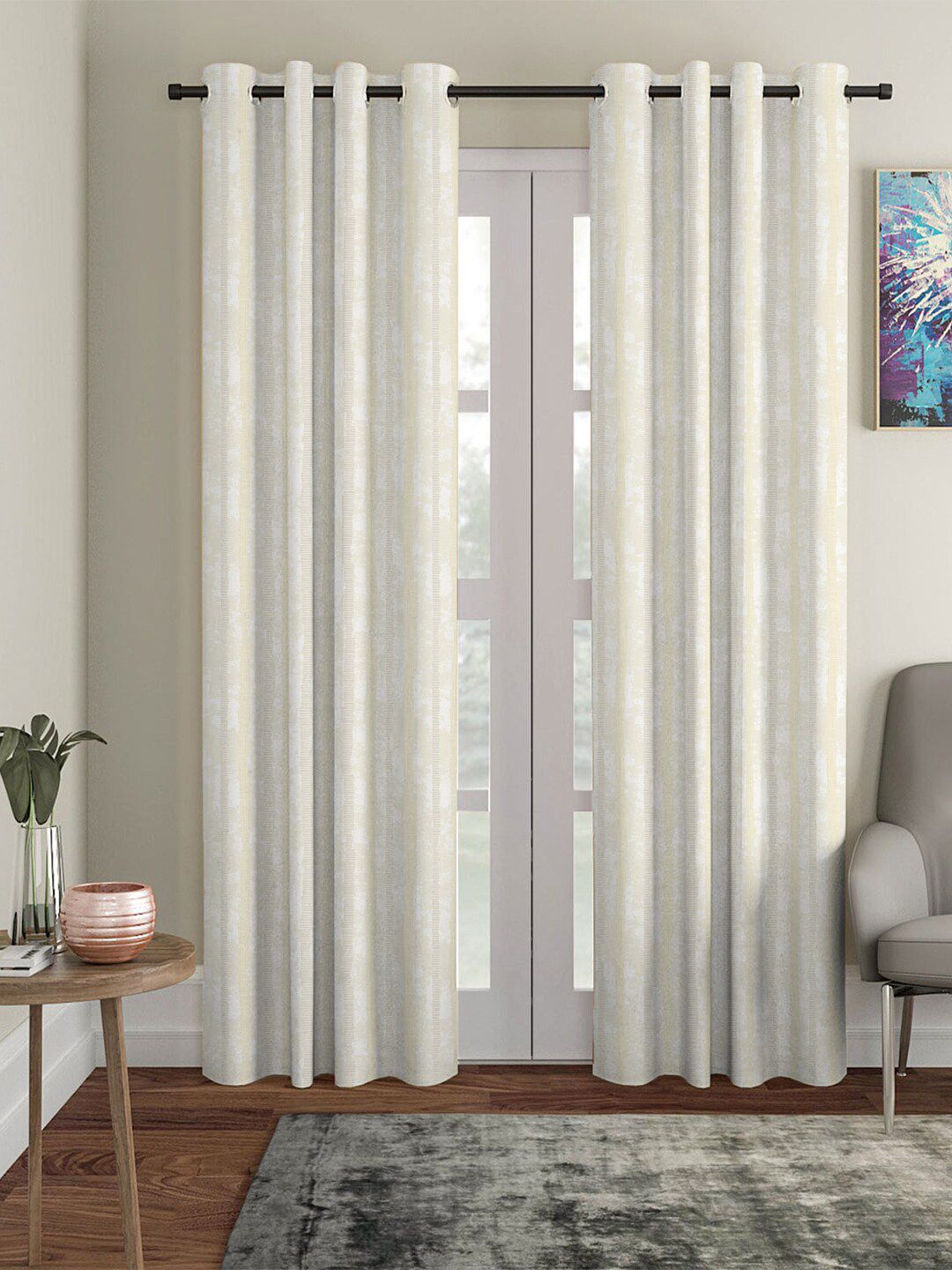 HOUZZCODE Grey-Coloured Striped Sheer Long Door Curtain Price in India