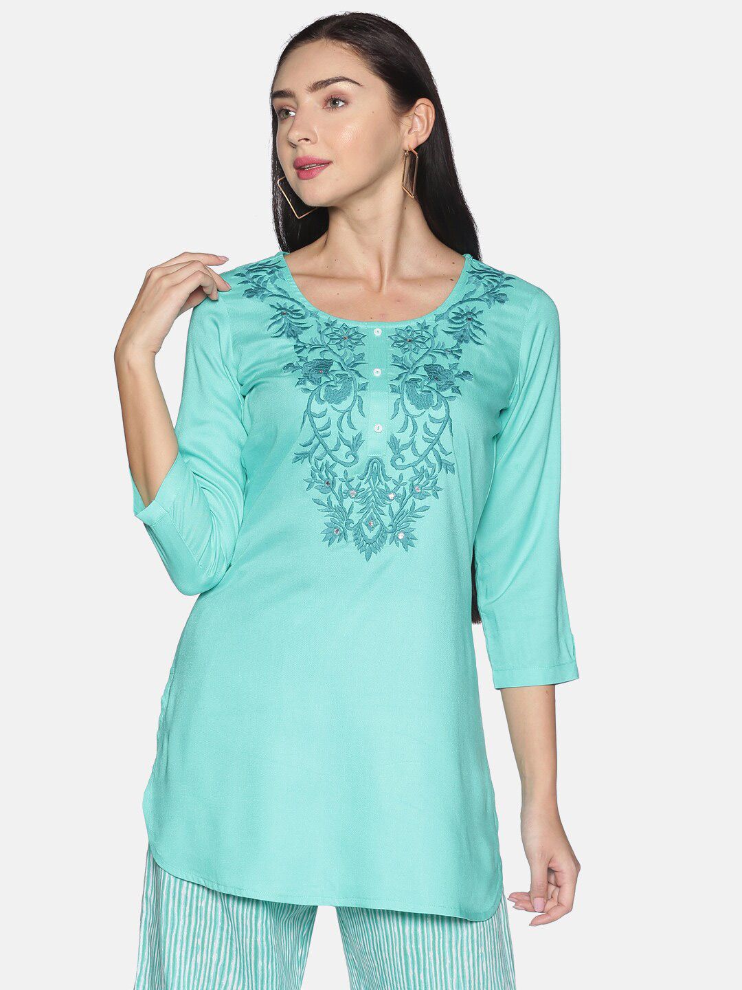 Saffron Threads Women Turquoise Blue Viscose Rayon Embroidered Tunic Price in India