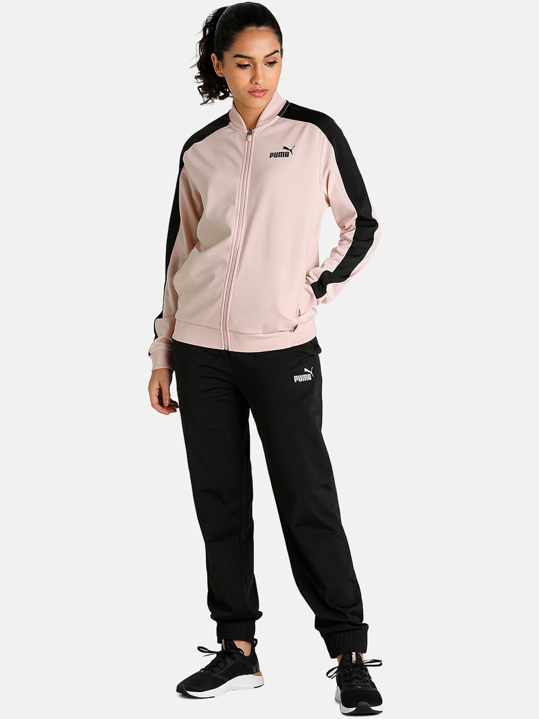 Puma Women Pink & Black Solid Baseball Tricot Tracksuits Price in India