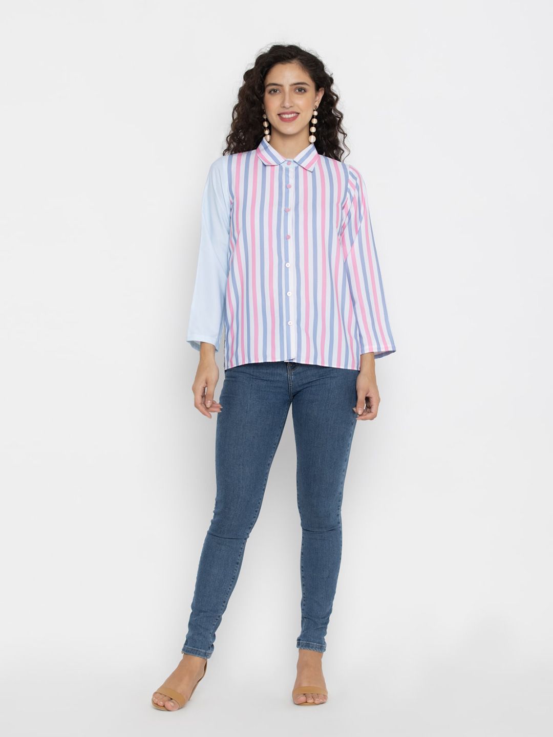 OCTICS Women Pink & Blue Striped Shirt Style Top Price in India