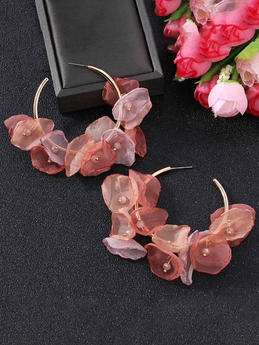Hoop Earrings Yellow Chimes Pink Boho Handmade Flower Petal Layered Half Hoop Earrings