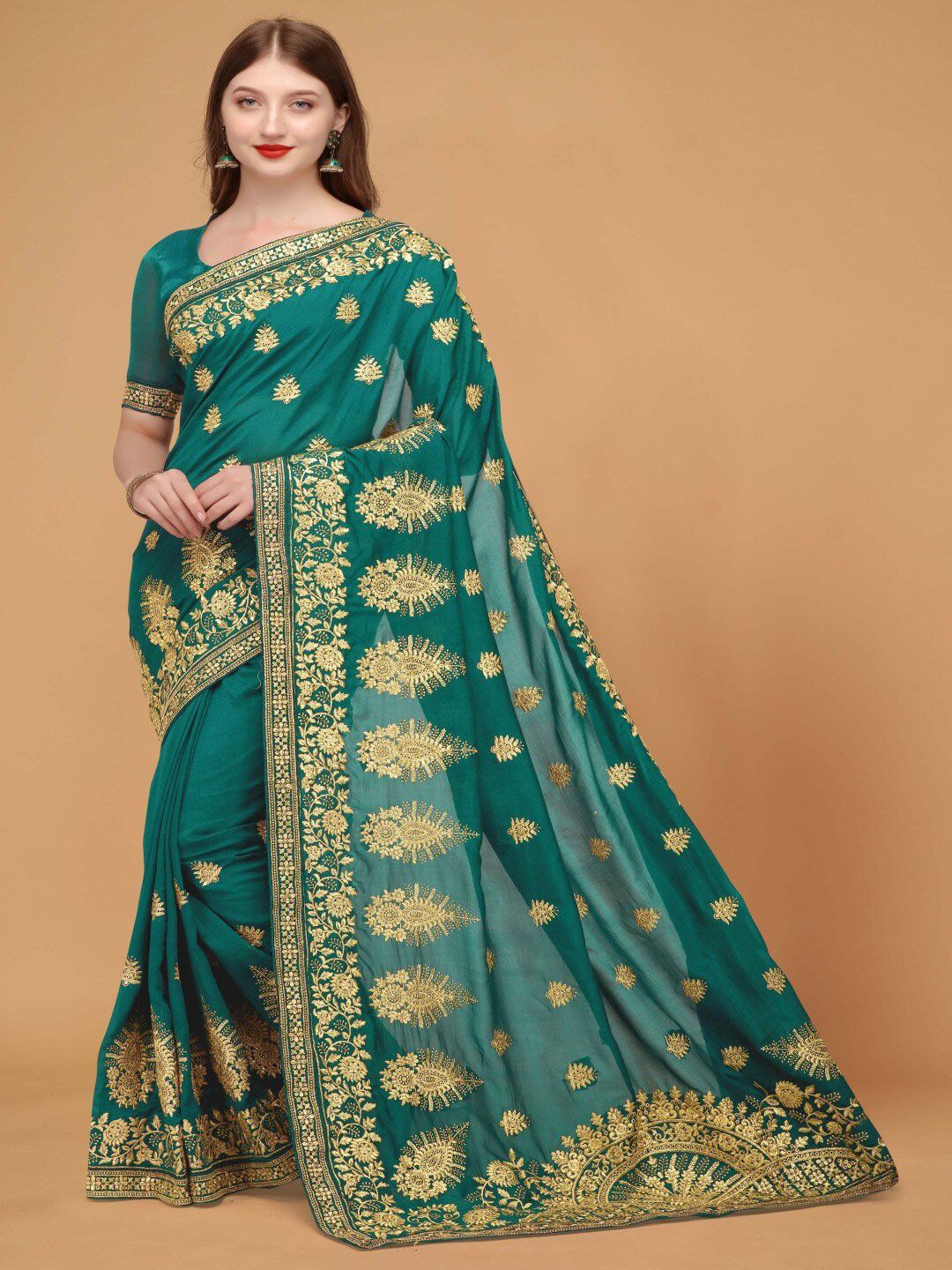 Monrav Green & Gold-Toned Floral Embroidered Silk Blend Saree Price in India