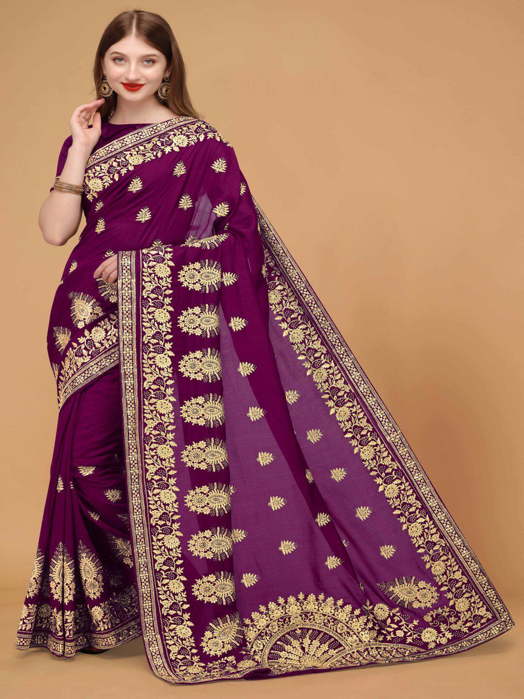 Monrav Purple & Gold-Toned Ethnic Motifs Embroidered Silk Blend Saree Price in India