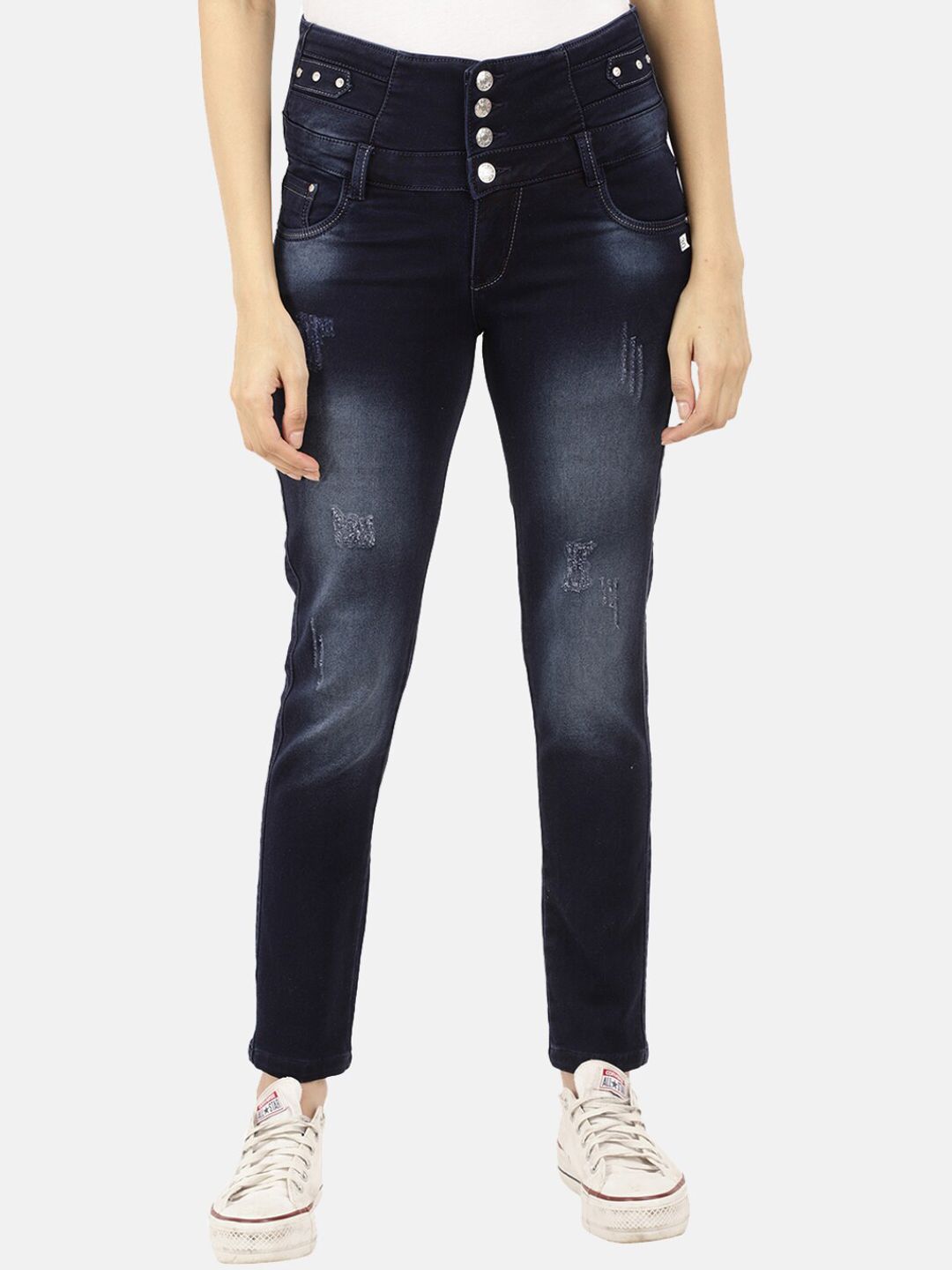 V-Mart Women Blue High-Rise Mildly Distressed Light Fade Stretchable Jeans Price in India