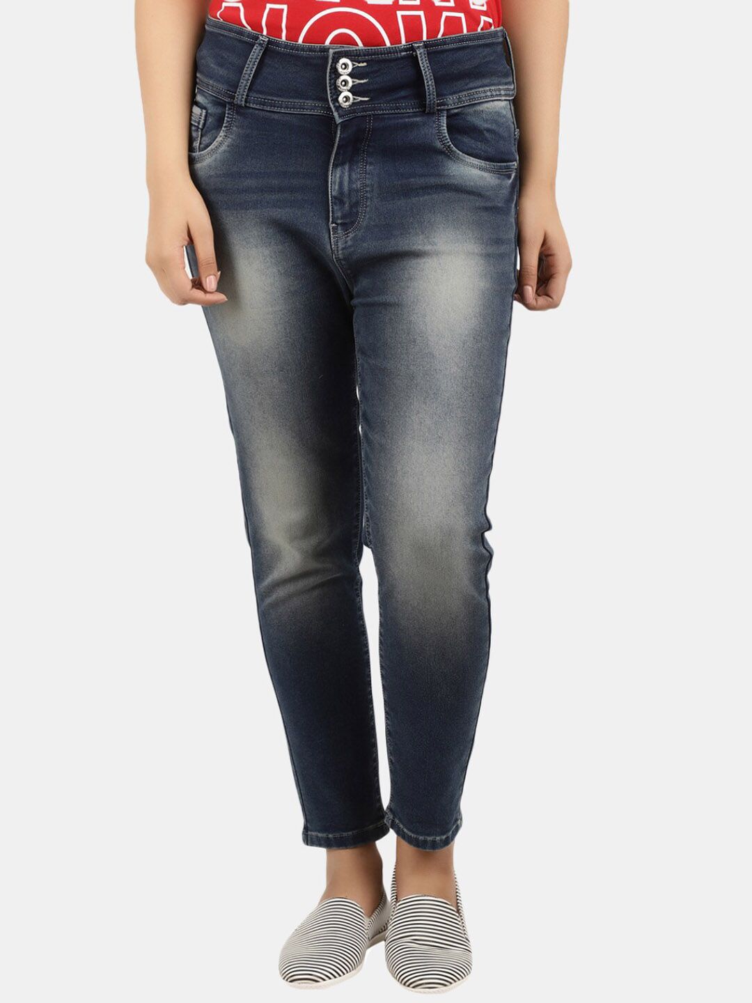 V-Mart Women Blue Mildly Distressed Heavy Fade Stretchable Jeans Price in India