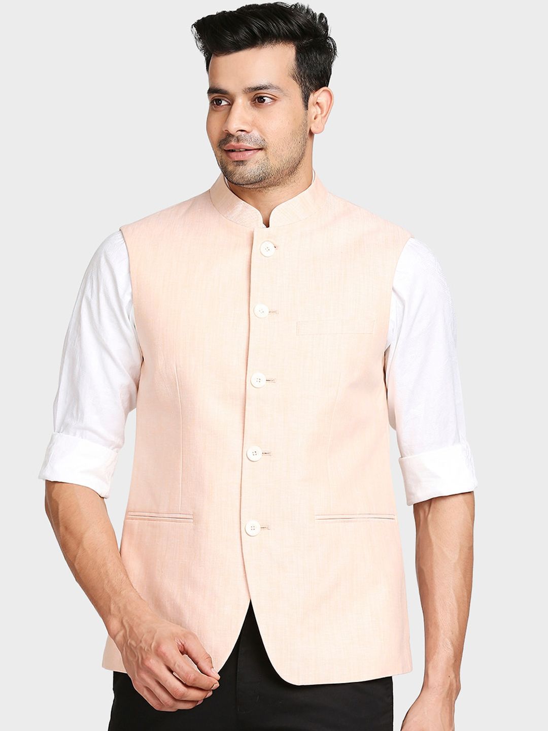 ColorPlus Men Orange Solid Woven Nehru Jackets
