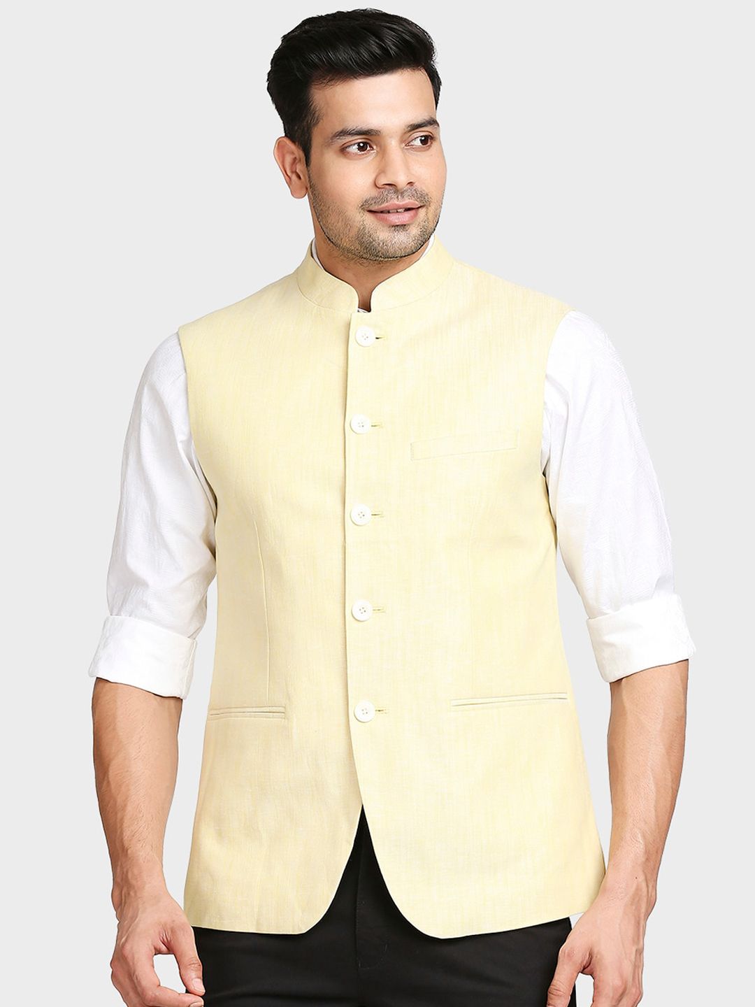 ColorPlus Men Yellow Solid Woven Nehru Jackets