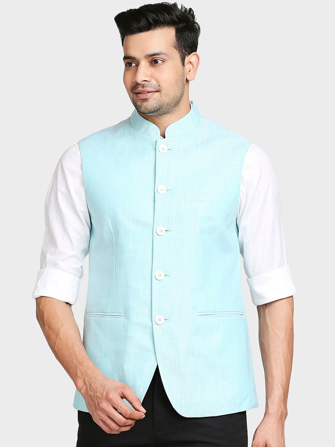 ColorPlus Men Green Solid Woven Nehru Jacket