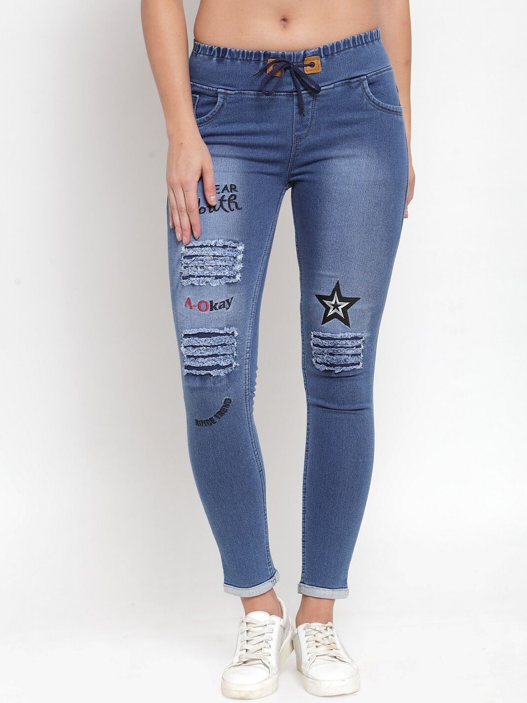 F2M Women Blue Embroidered Mildly Distressed Light Fade Slim Fit Stretchable Jeans Price in India