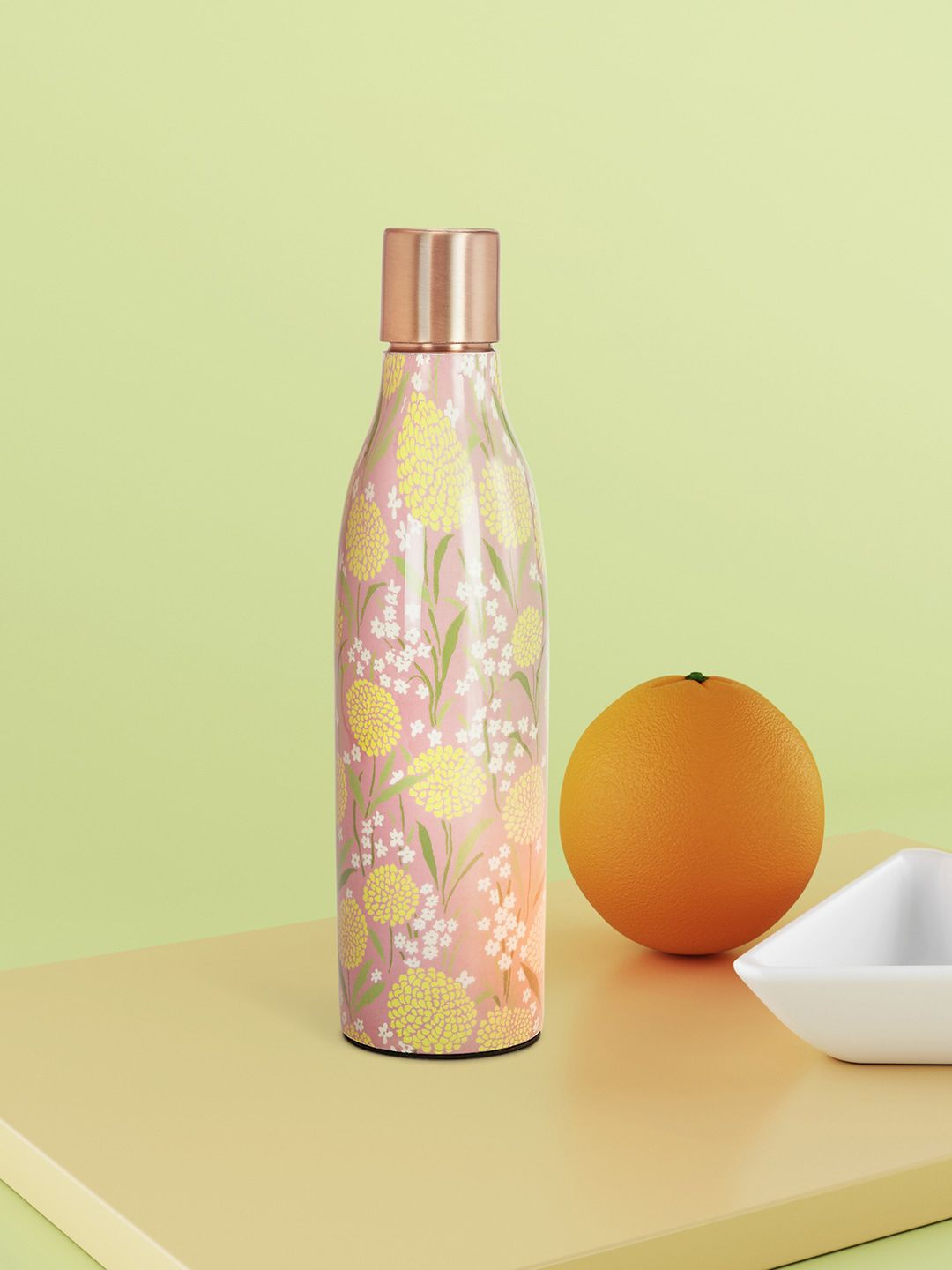 Living scapes by Pantaloons Gold-Toned & Pink Floral Printed Copper Water Bottle Price in India