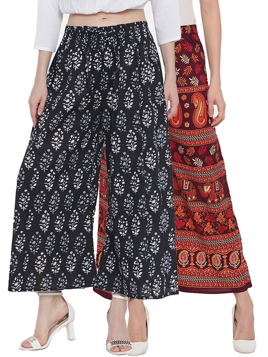 Aawari Women Red & Black 2 Ethnic Motifs Ethnic Palazzos Price in India