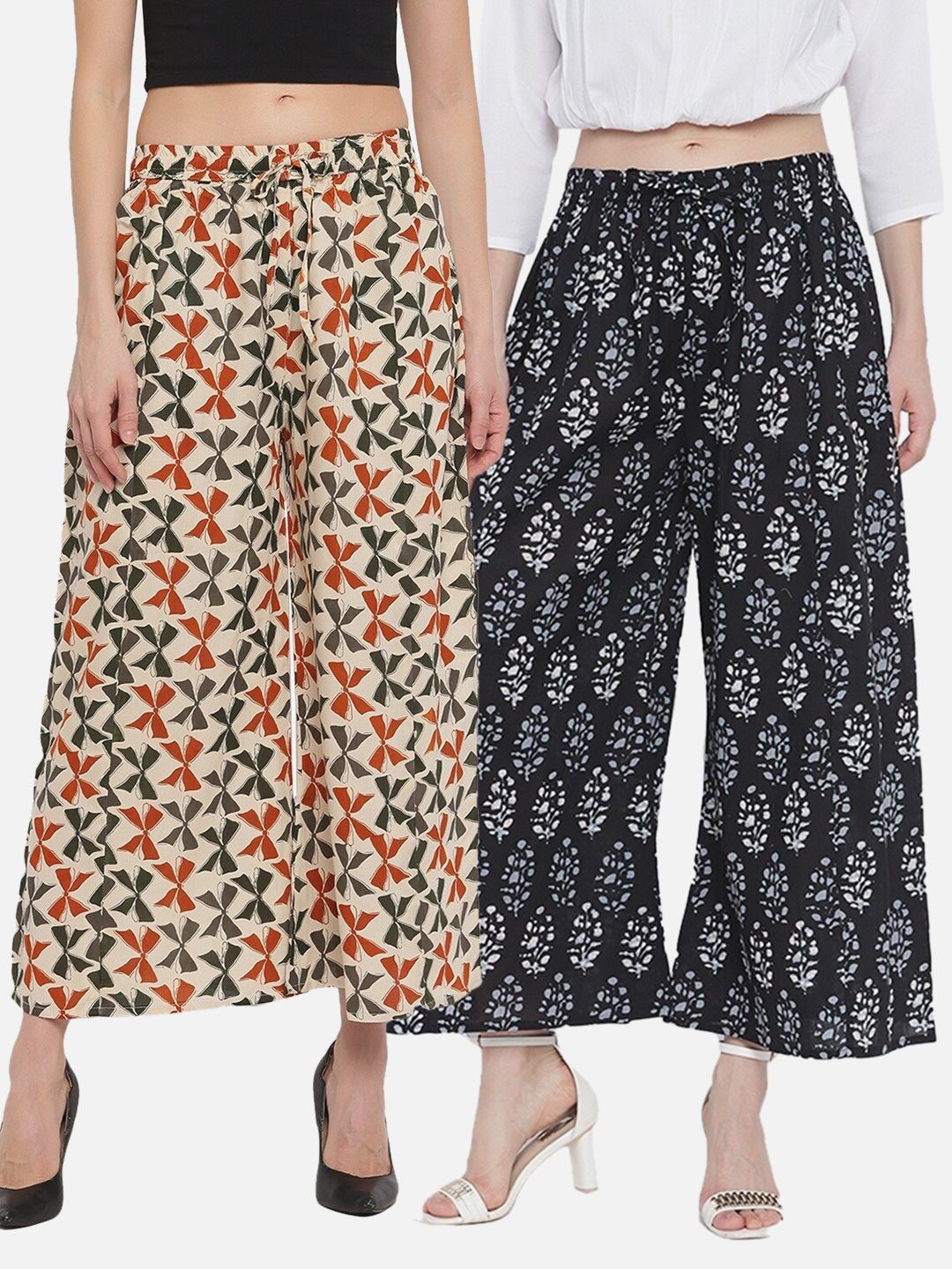 Aawari Women Pack Of 2 Black & Cream Ethnic Motifs Printed Knitted Palazzos Price in India