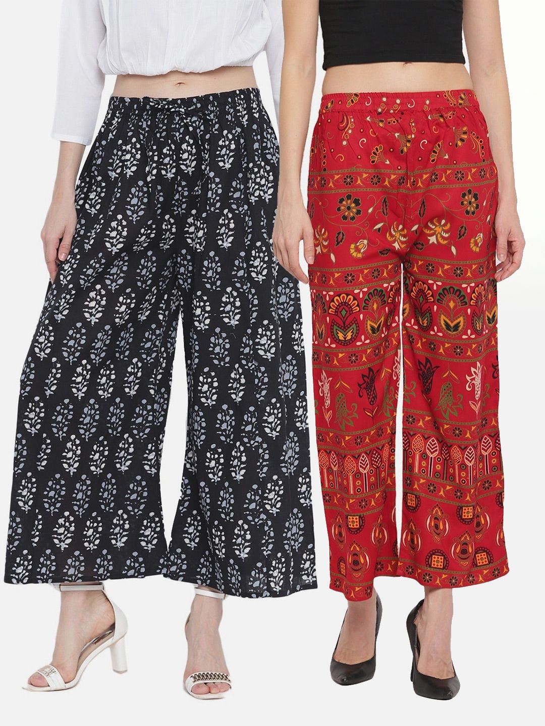 Aawari Set of 2 Women Black & Red Ethnic Motifs Printed Flared Knitted Ethnic Palazzos Price in India