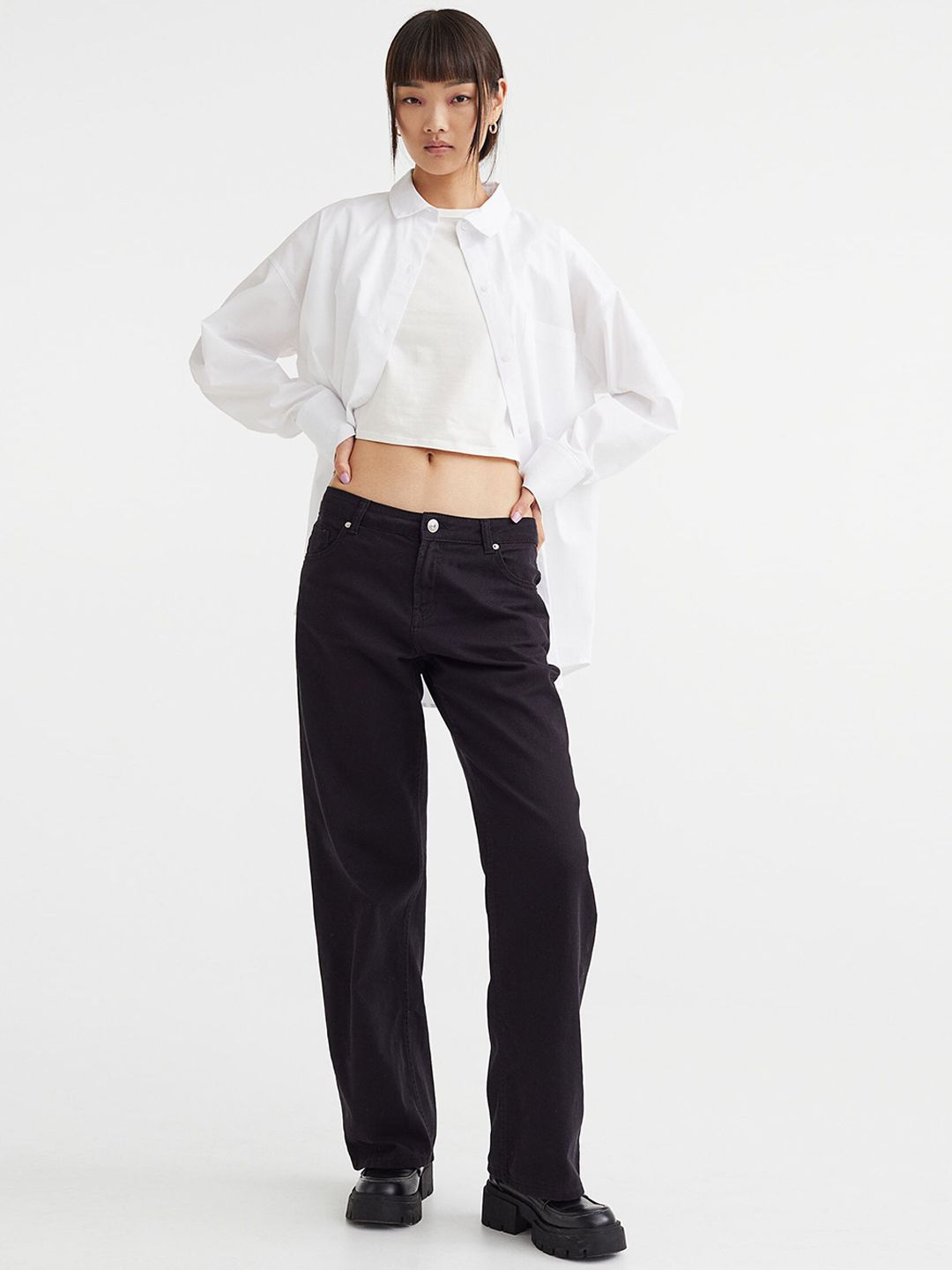 H&M Women Black Wide Twill Trousers Price in India