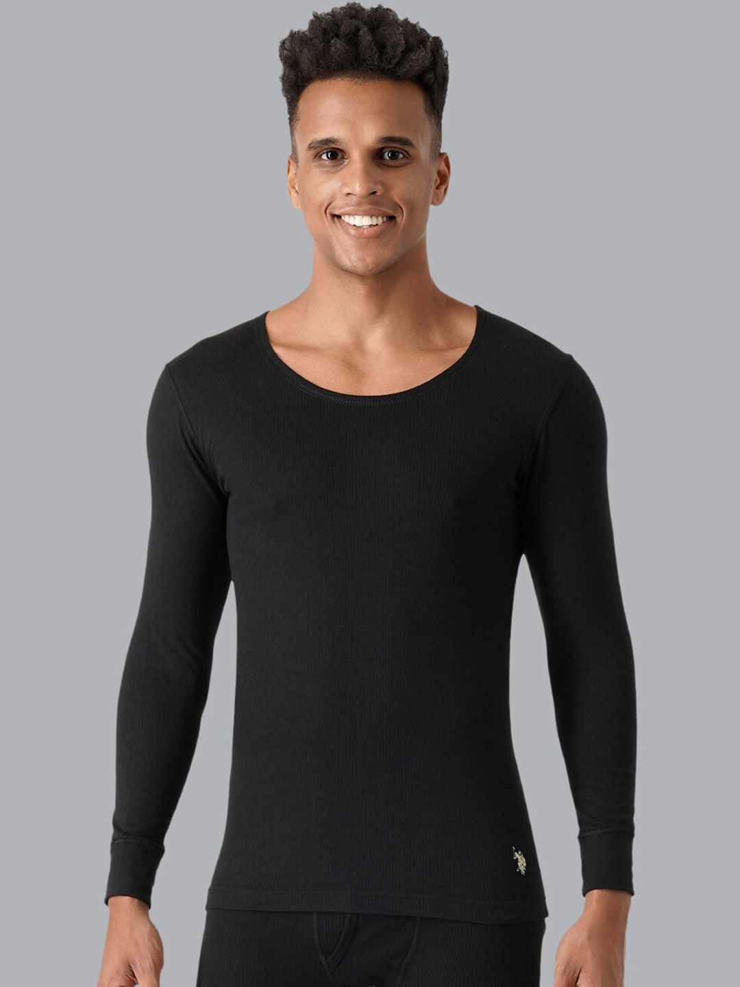 U.S. Polo Assn. Men Black Solid Cotton Thermal Tops Price in India