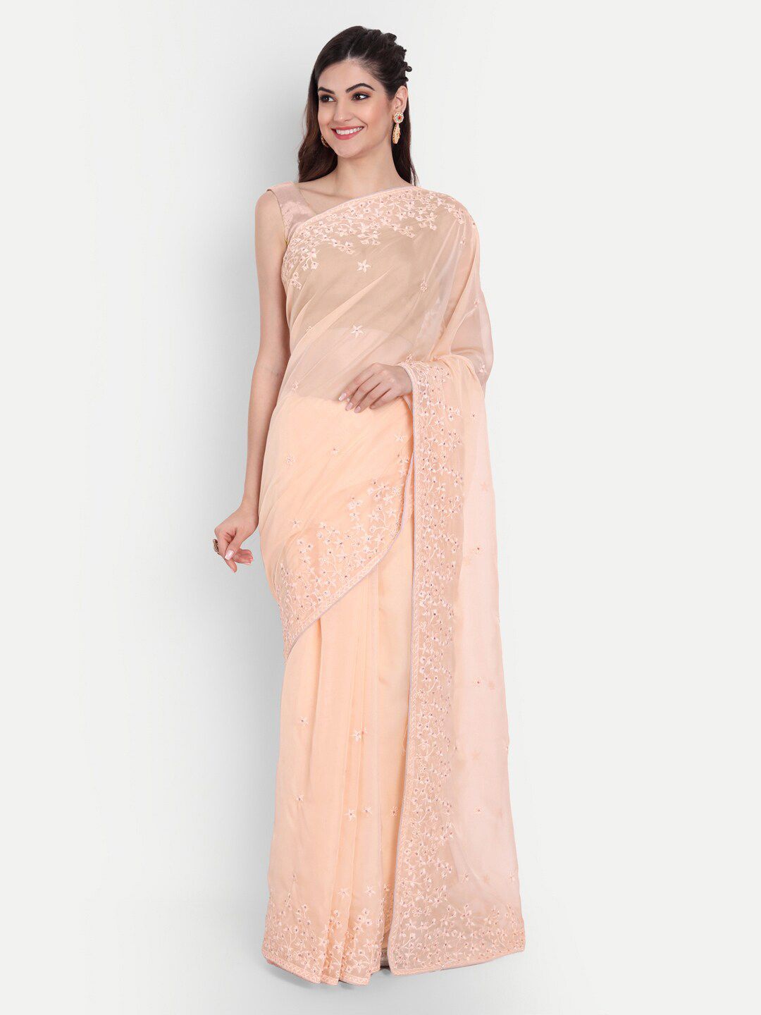 kasee Peach-Coloured Floral Embroidered Organza Saree Price in India