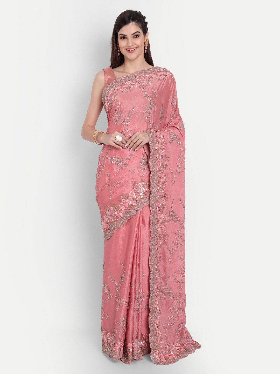 kasee Pink & Silver-Toned Floral Embroidered Pure Chiffon Saree Price in India