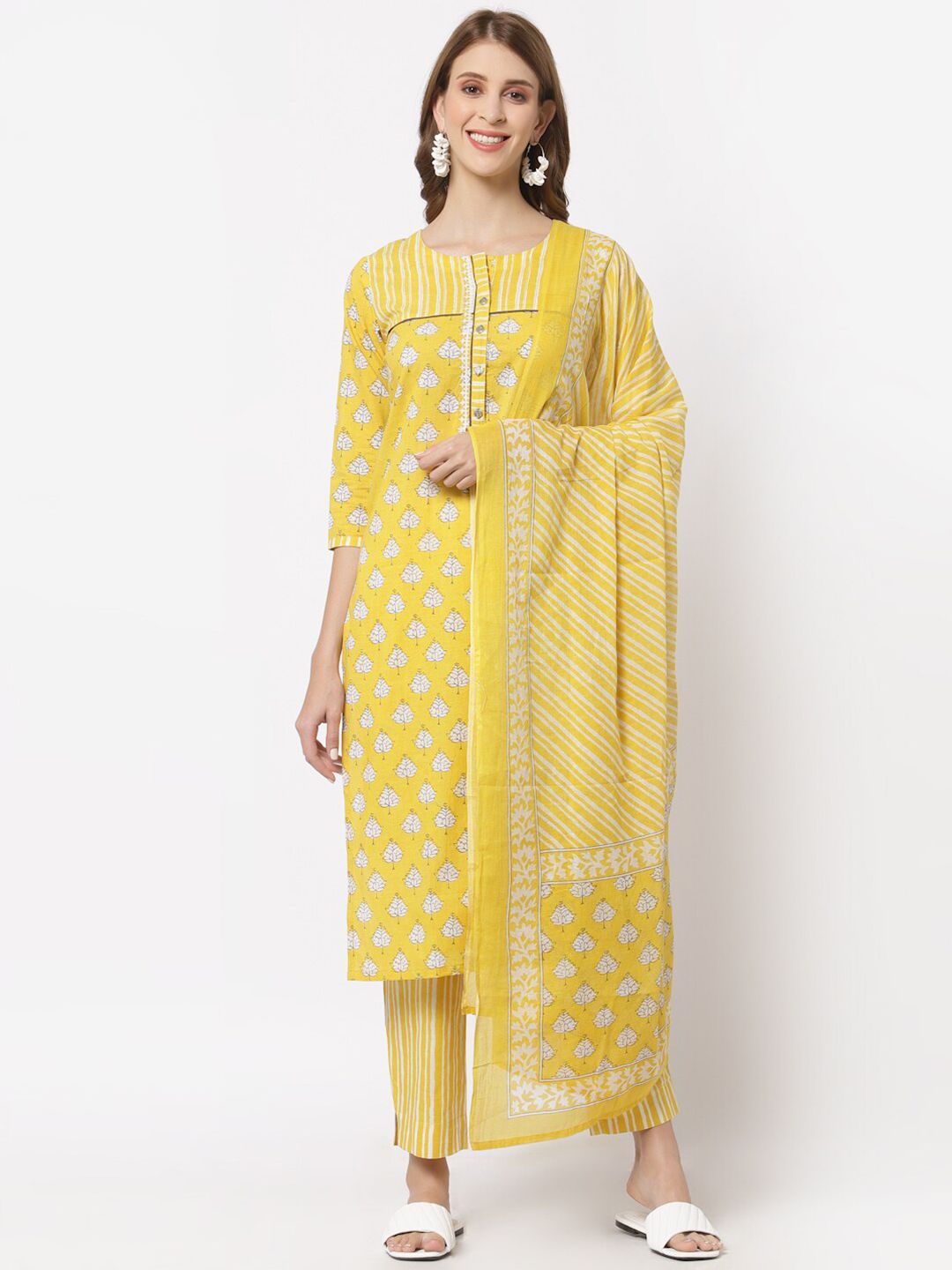 KAMI KUBI Women Yellow & White Printed Unstitched Dress Material Price in India