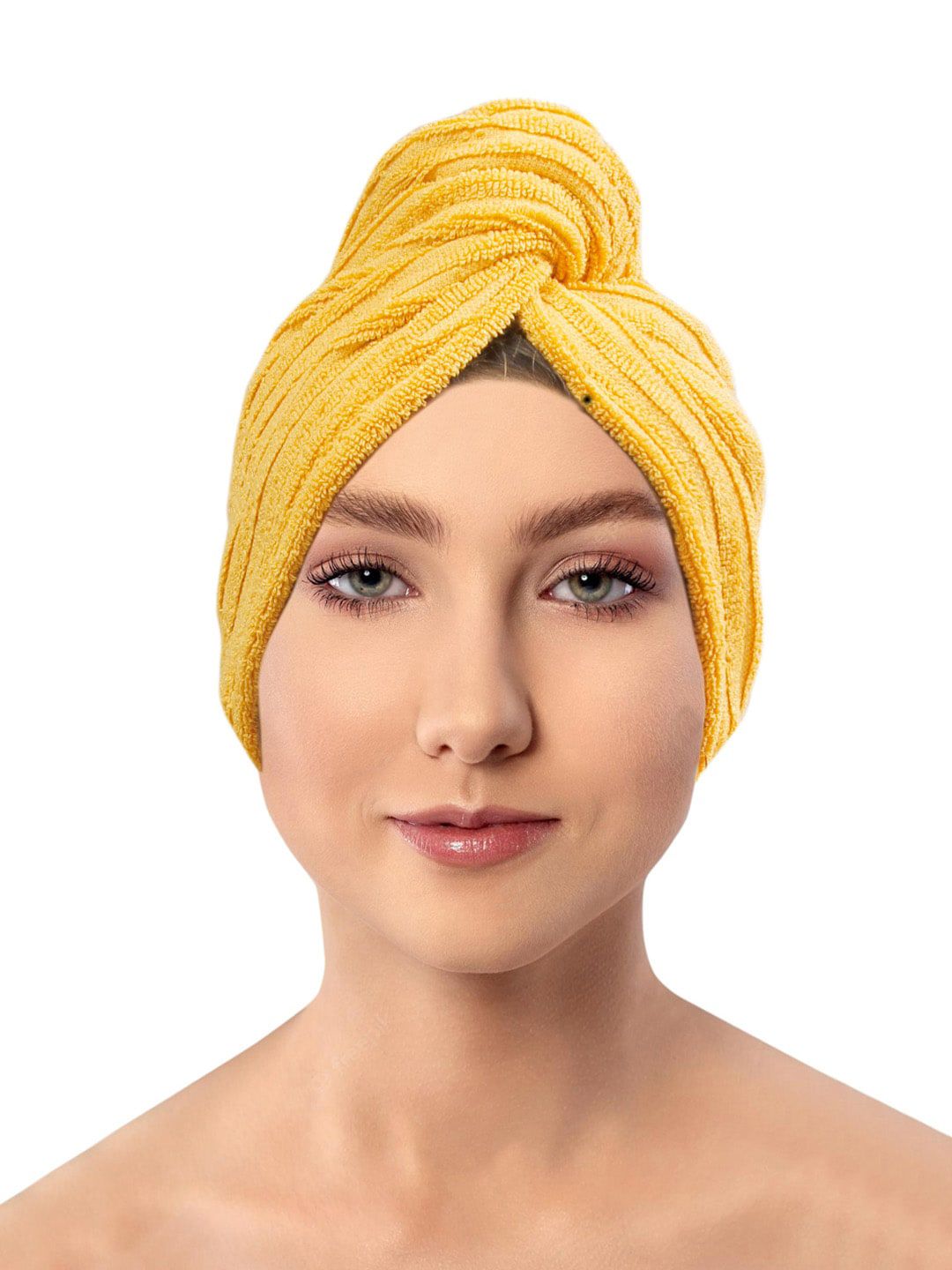 AVI Living Set Of 2 Mustard Yellow Solid 500 GSM Pure Cotton Hair Towel Wrap Price in India