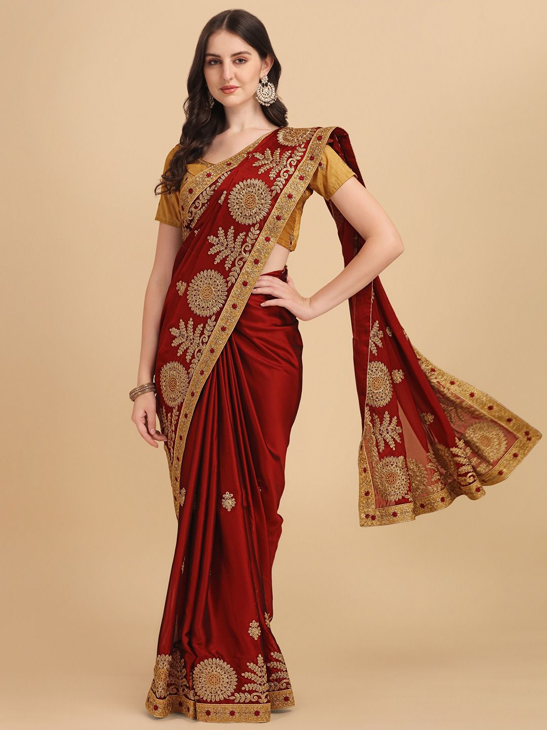 Vaidehi Fashion Maroon & Gold-Toned Floral Embroidered Silk Blend Saree Price in India