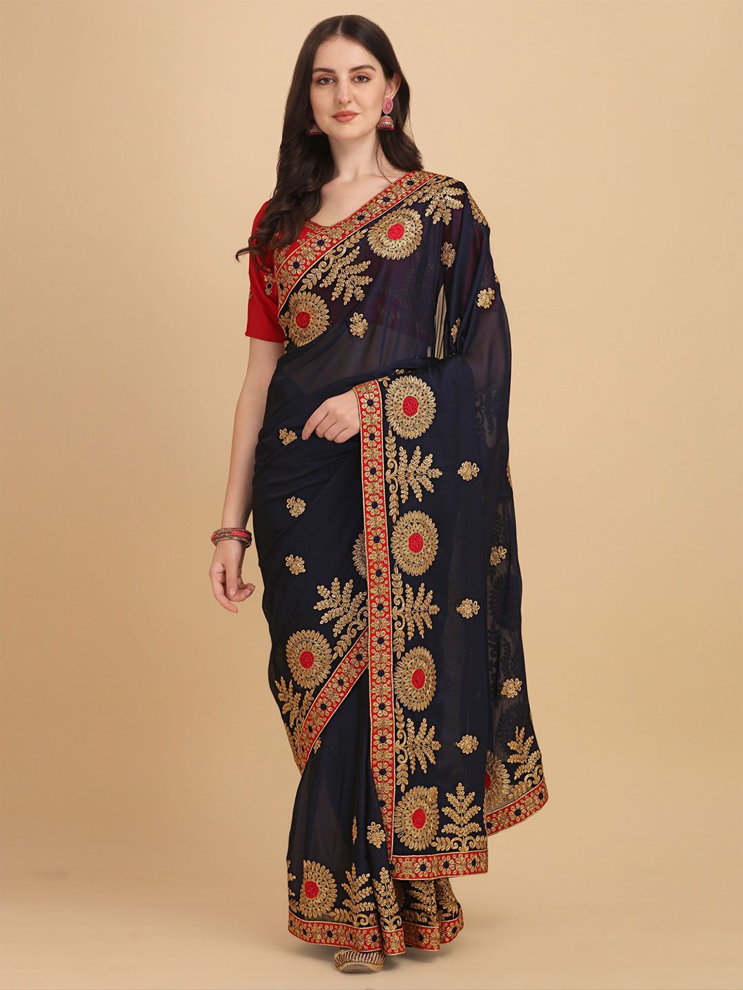 Vaidehi Fashion Women Blue & Red Floral Embroidered Silk Blend Heavy Work Saree Price in India