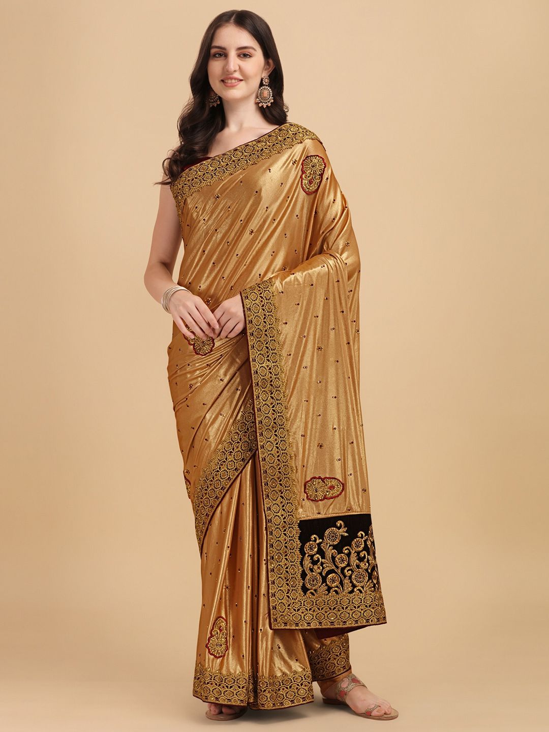 Vaidehi Fashion Gold-Toned Ethnic Motifs Embroidered Silk Blend Heavy Work Saree Price in India