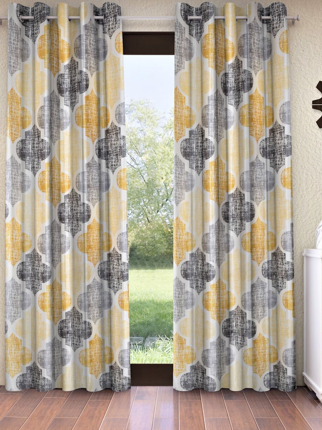 Home Sizzler Set of 2 Yellow & Grey Abstract Print Window Curtain Price in India